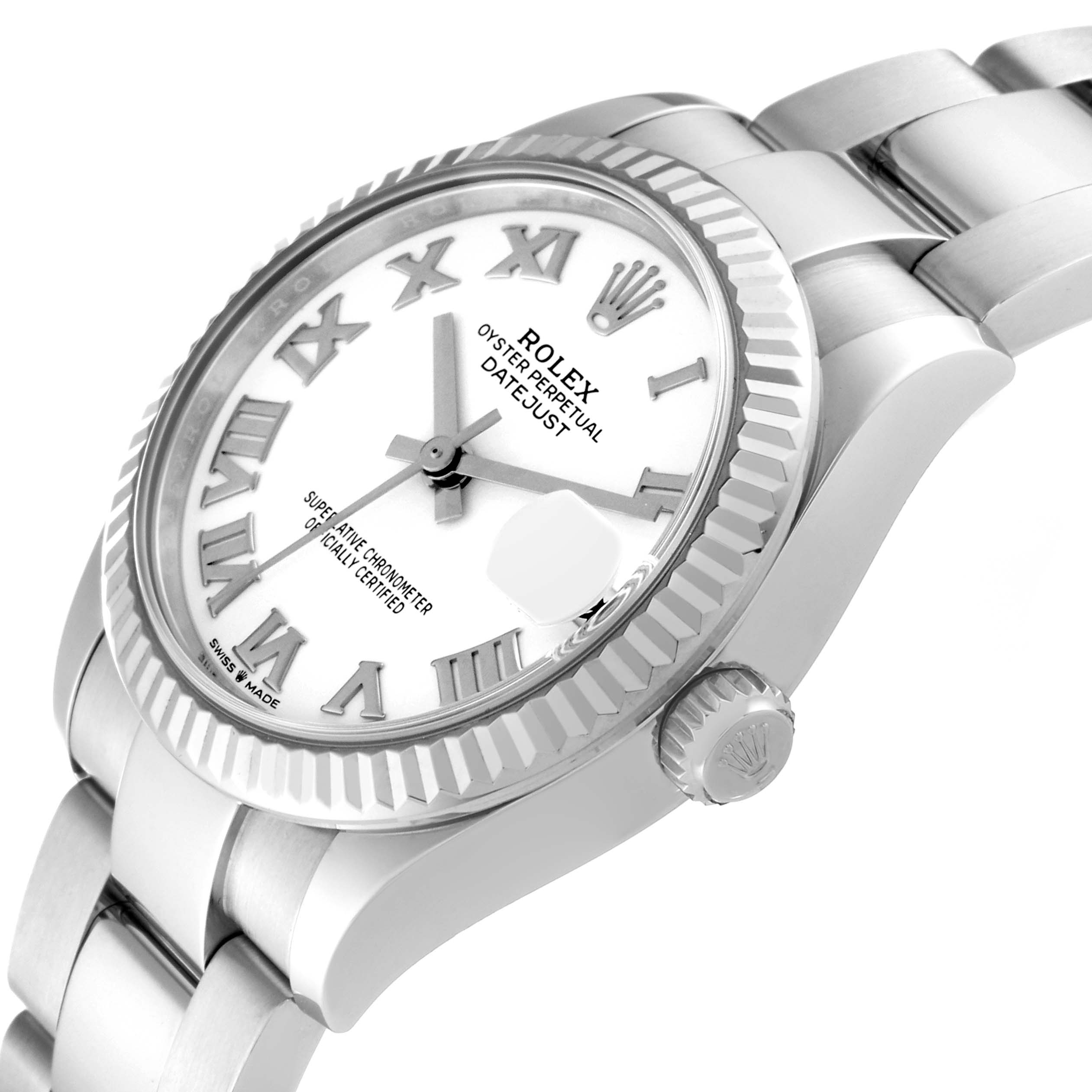 This image shows a Rolex Mid-Size 278274 Women's Stainless Steel White Dial 278274 Women's Stainless Steel White Dial Oyster Perpetual Datejust watch at an oblique angle, highlighting the dial, bezel, and bracelet.