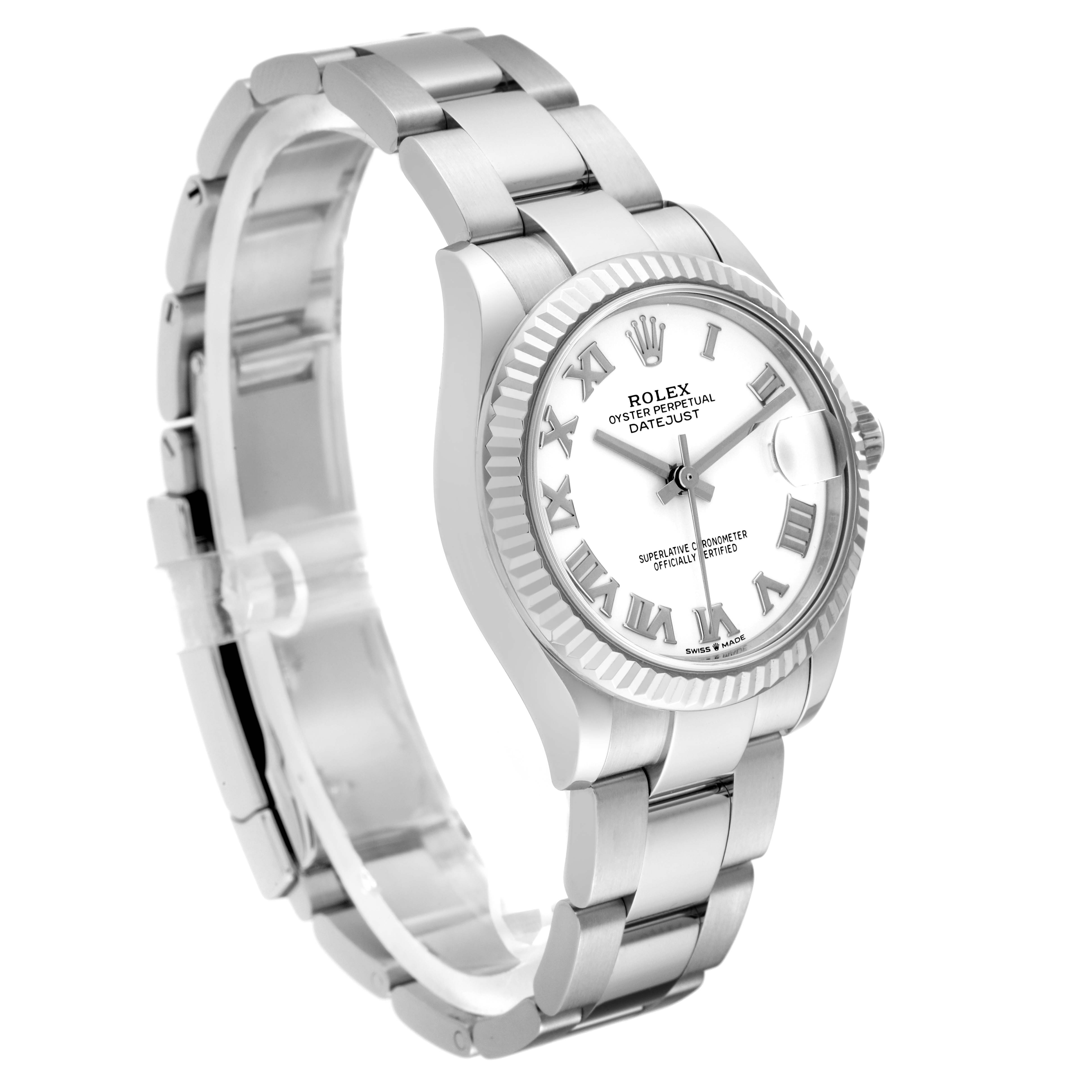 The image shows a Rolex Mid-Size 278274 Women's Stainless Steel White Dial 278274 Women's Stainless Steel White Dial Oyster Perpetual Datejust watch at a three-quarter angle, highlighting the dial, bezel, and bracelet.