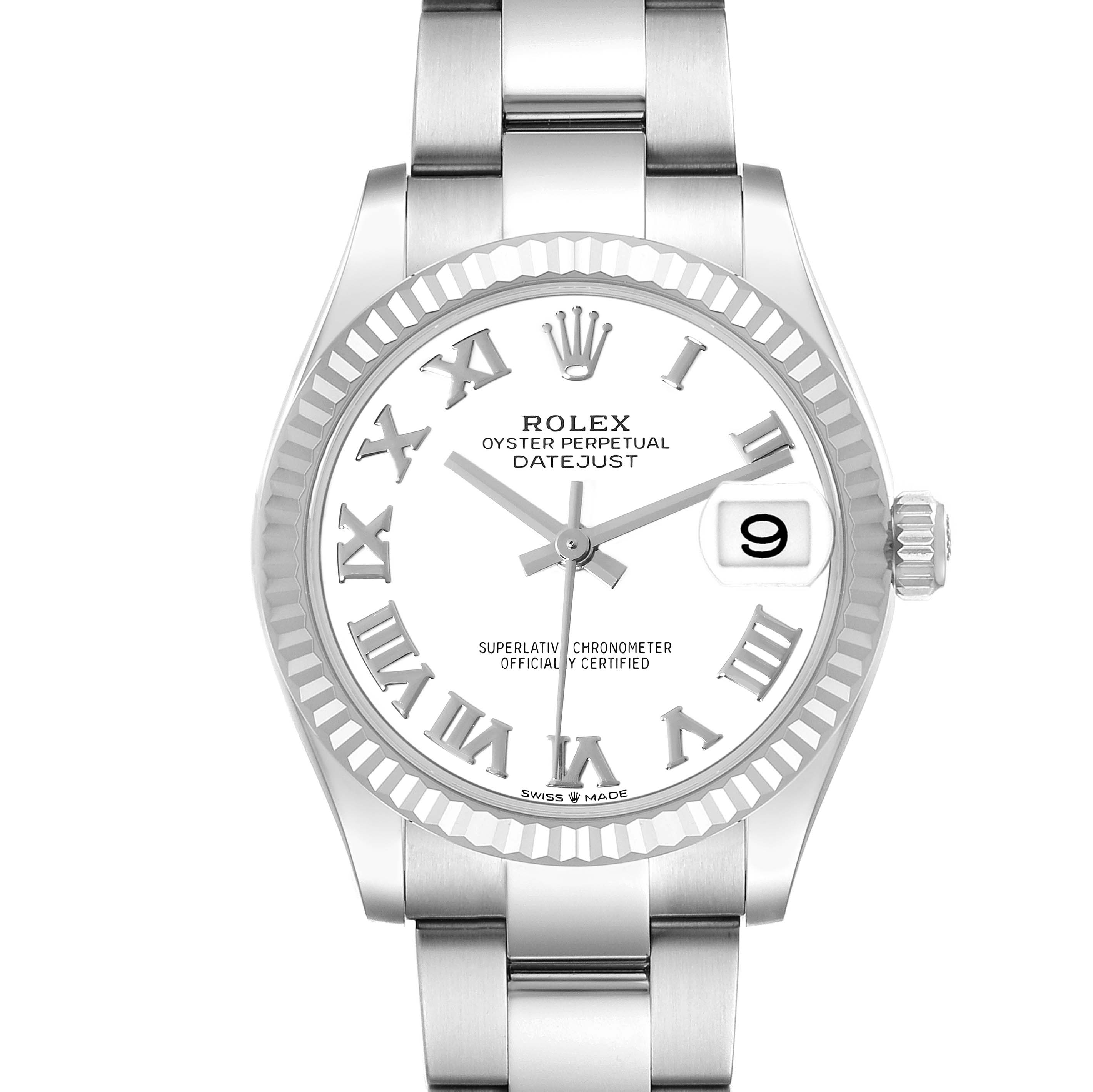 This image shows a front view of the Rolex Mid-Size 278274 Women's Stainless Steel White Dial 278274 Women's Stainless Steel White Dial Datejust watch, highlighting the dial, bezel, bracelet, and crown.