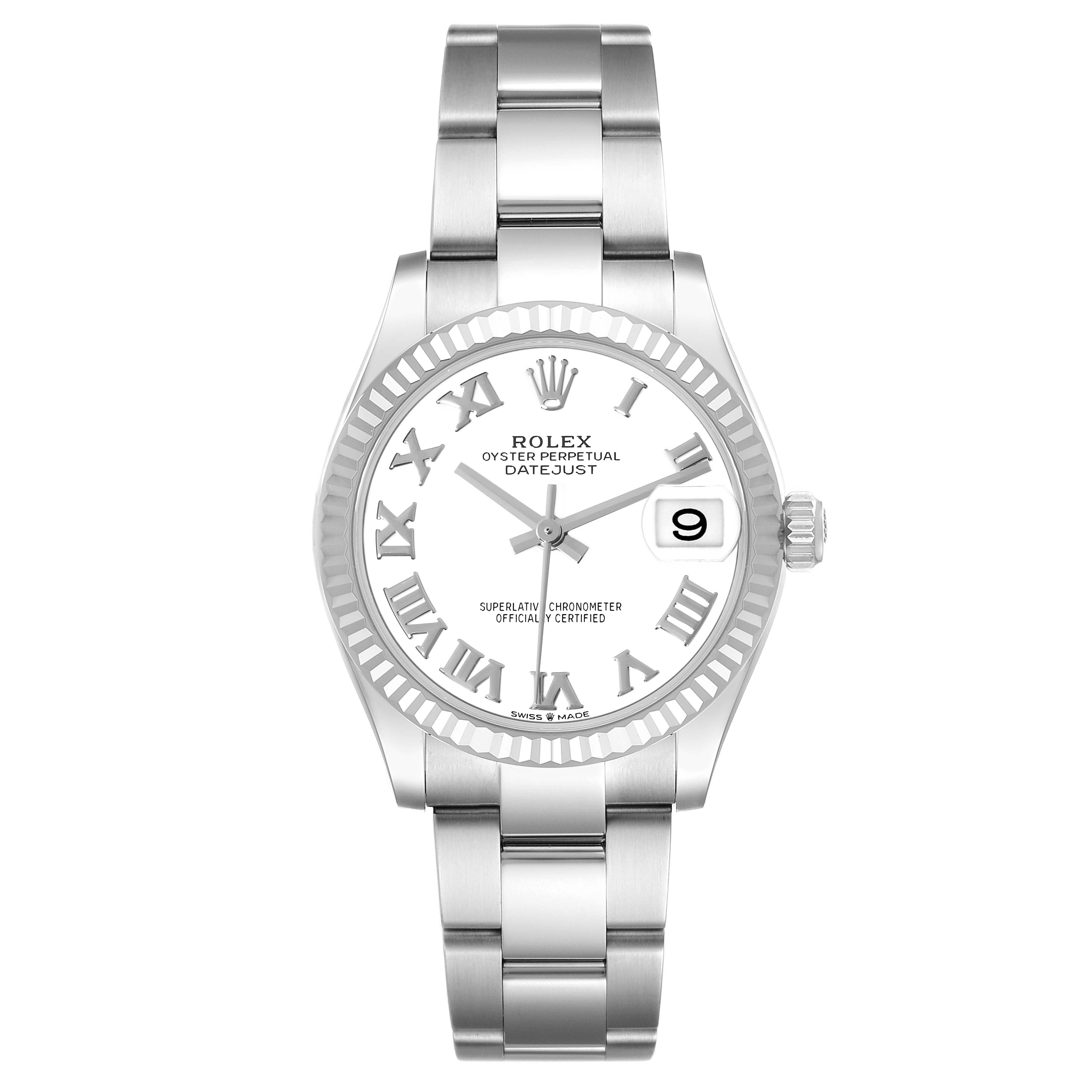 This image shows a front view of the Rolex Datejust Mid-Size watch, highlighting its dial, bracelet, and bezel.