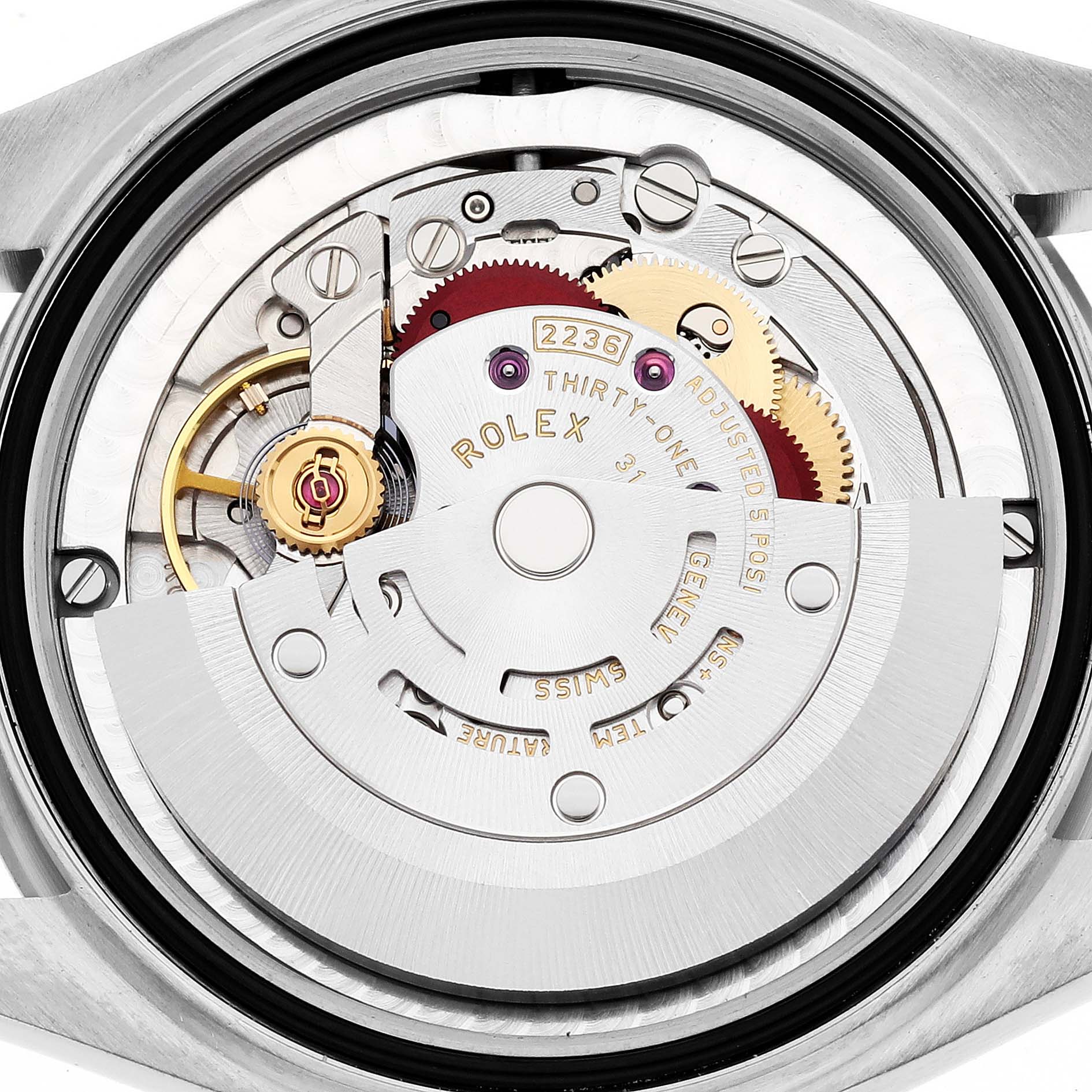 The image displays the internal mechanism and movement of a Rolex Mid-Size 278274 Women's Stainless Steel White Dial 278274 Women's Stainless Steel White Dial watch.