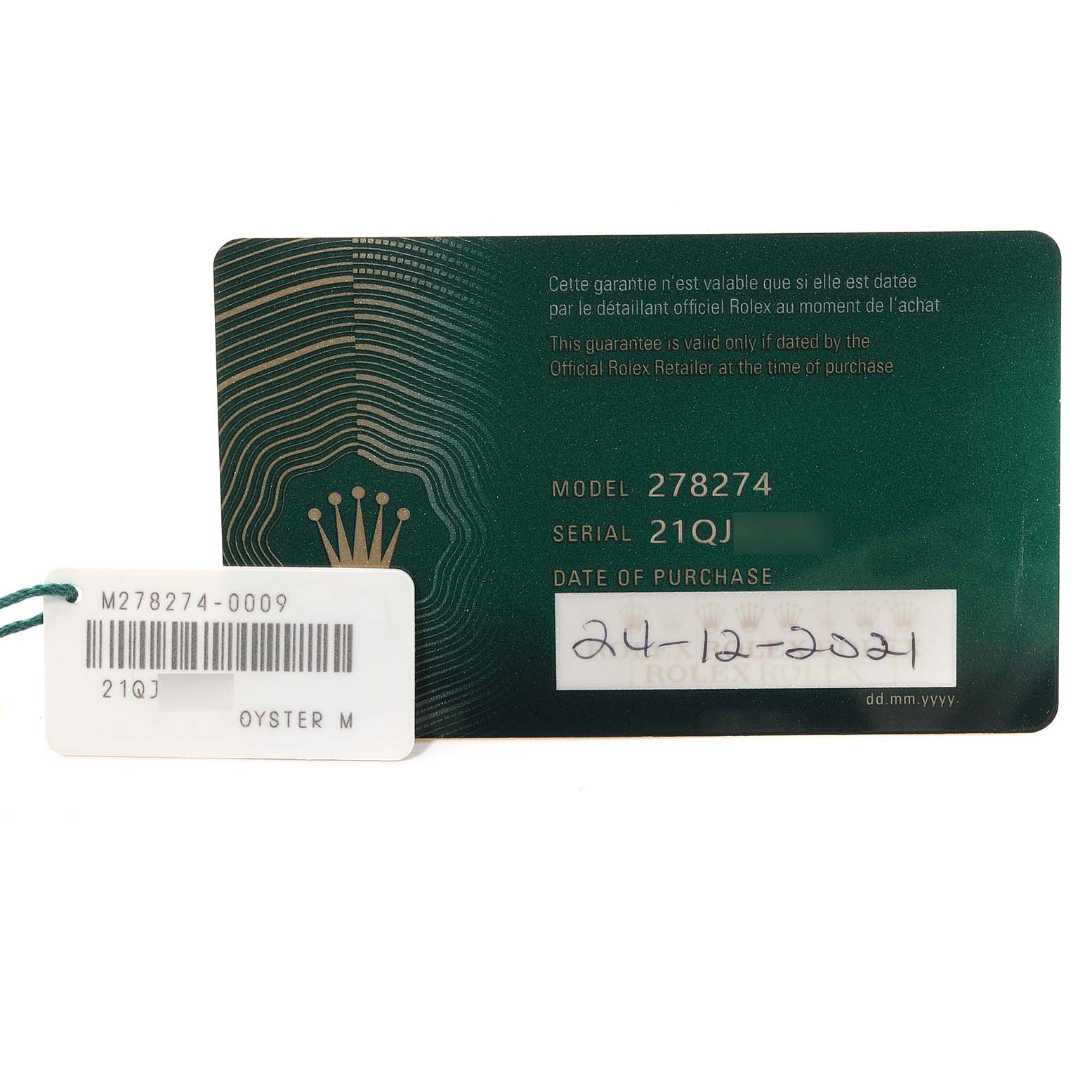The image shows the warranty card and tag for the Rolex Mid-Size 278274 Women's Stainless Steel White Dial 278274 Women's Stainless Steel White Dial model 278274 watch.
