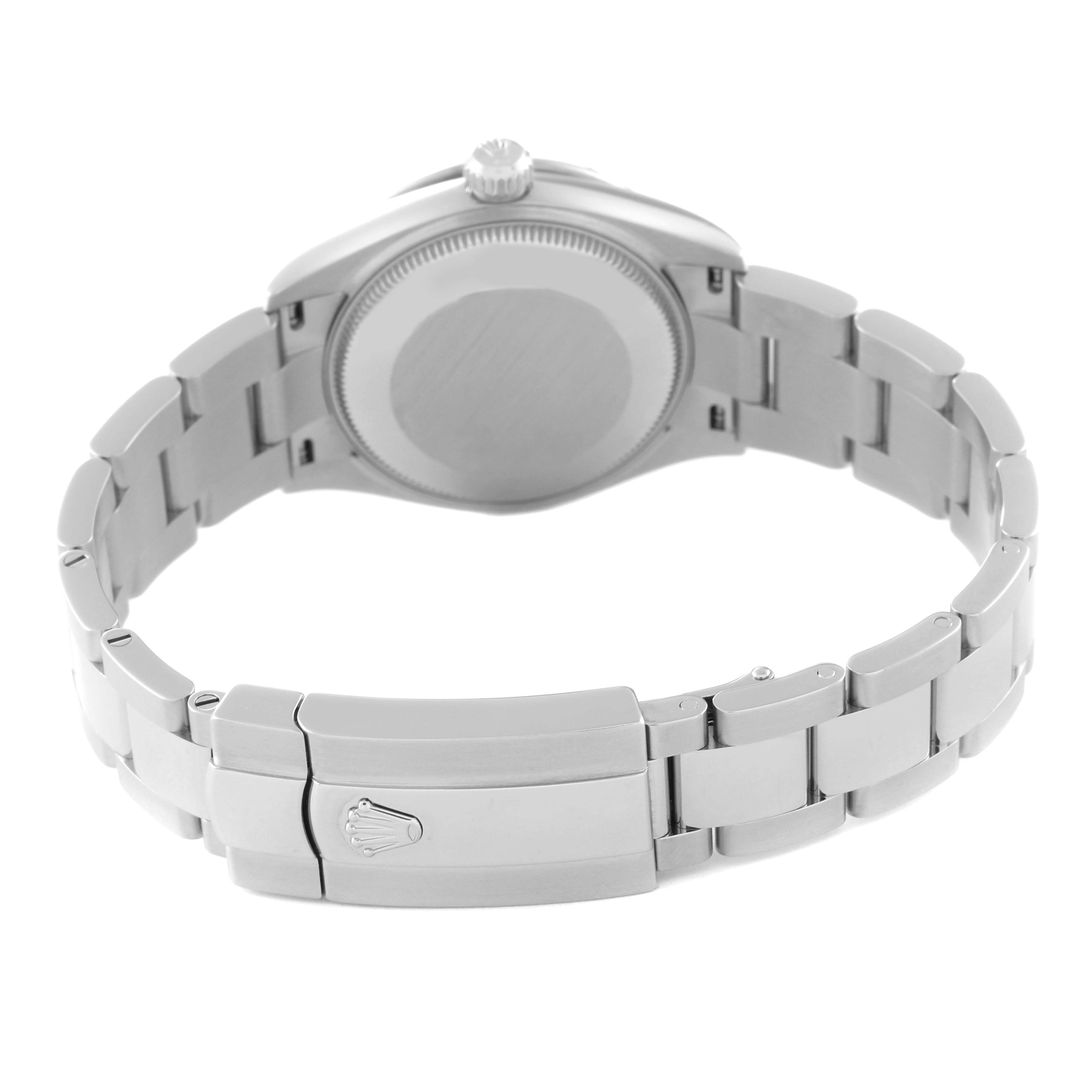 The image shows the back case, crown, and bracelet clasp of a Rolex Mid-Size 278344RBR Women's White Gold Mother of Pearl Dial 278344RBR Women's White Gold Mother of Pearl Dial watch from a rear angle.