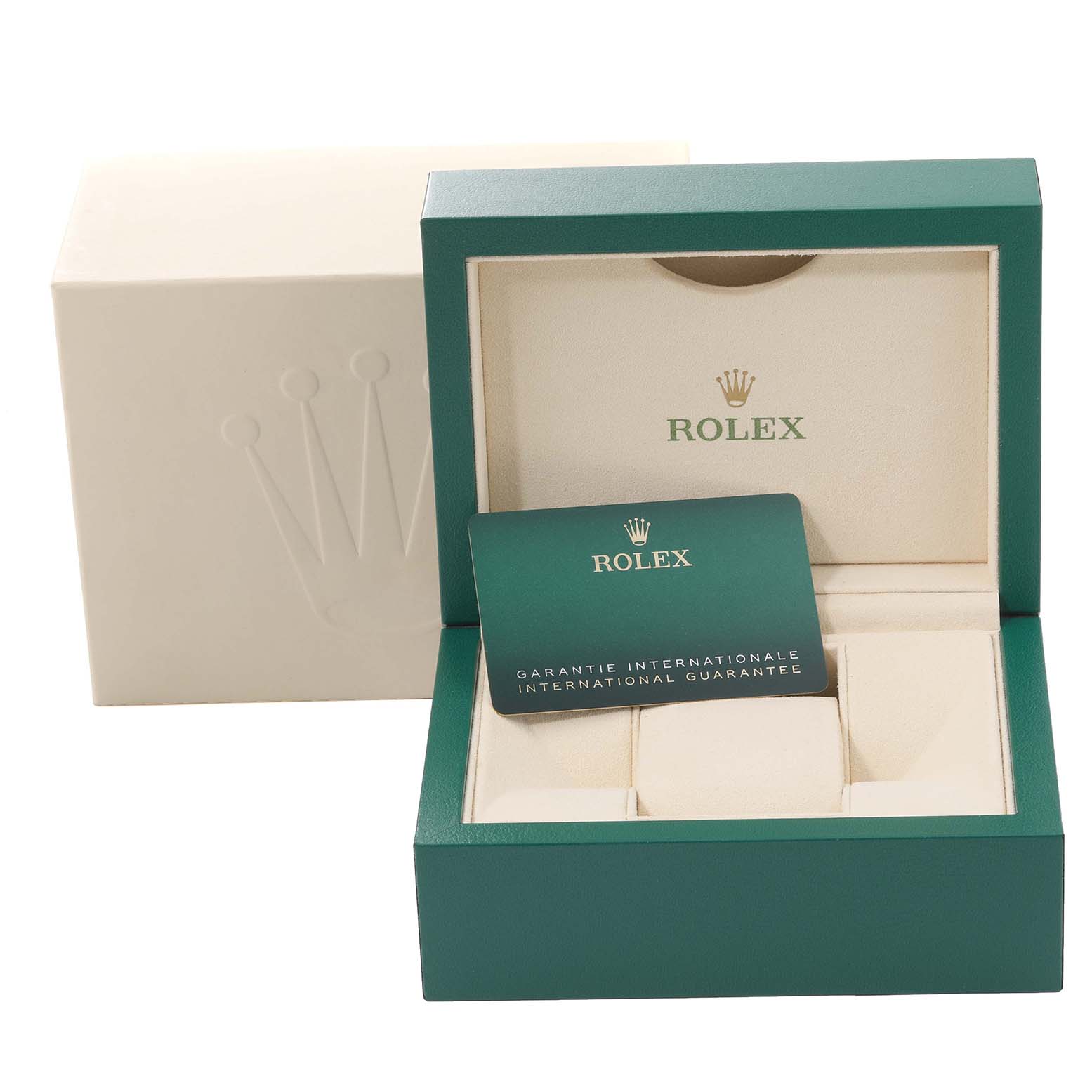 This image shows the packaging box and international guarantee card for a Rolex Mid-Size 278344RBR Women's White Gold Mother of Pearl Dial 278344RBR Women's White Gold Mother of Pearl Dial watch.