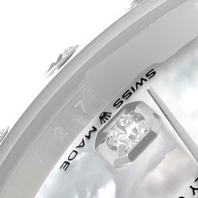 The image shows a close-up of the dial and part of the bezel of a Rolex Mid-Size 278344RBR Women's White Gold Mother of Pearl Dial 278344RBR Women's White Gold Mother of Pearl Dial model watch, highlighting the "Swiss Made" text.