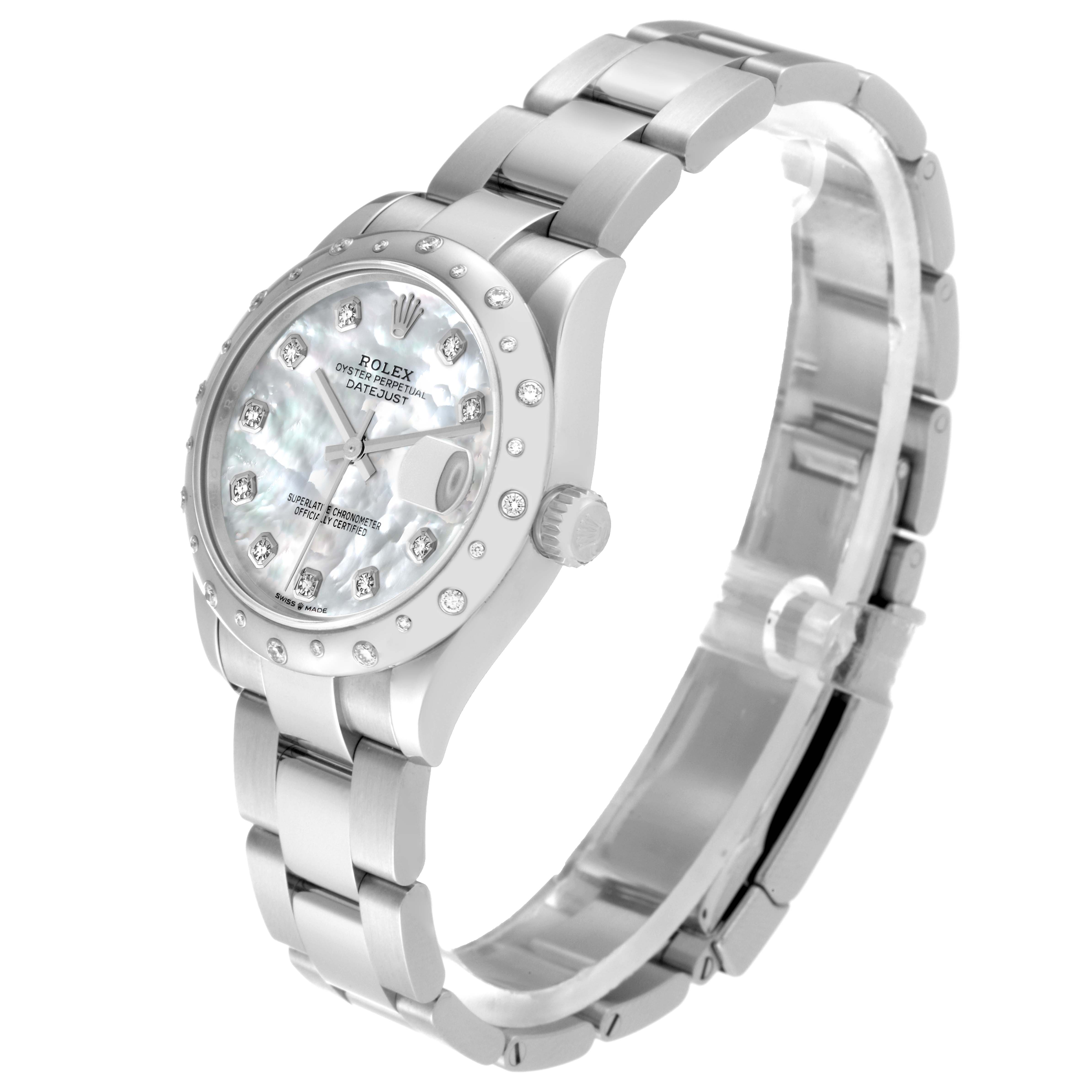 This image shows a Rolex Mid-Size 278344RBR Women's White Gold Mother of Pearl Dial 278344RBR Women's White Gold Mother of Pearl Dial Oyster Perpetual Datejust watch at a three-quarter angle, displaying the face, bezel, and bracelet.