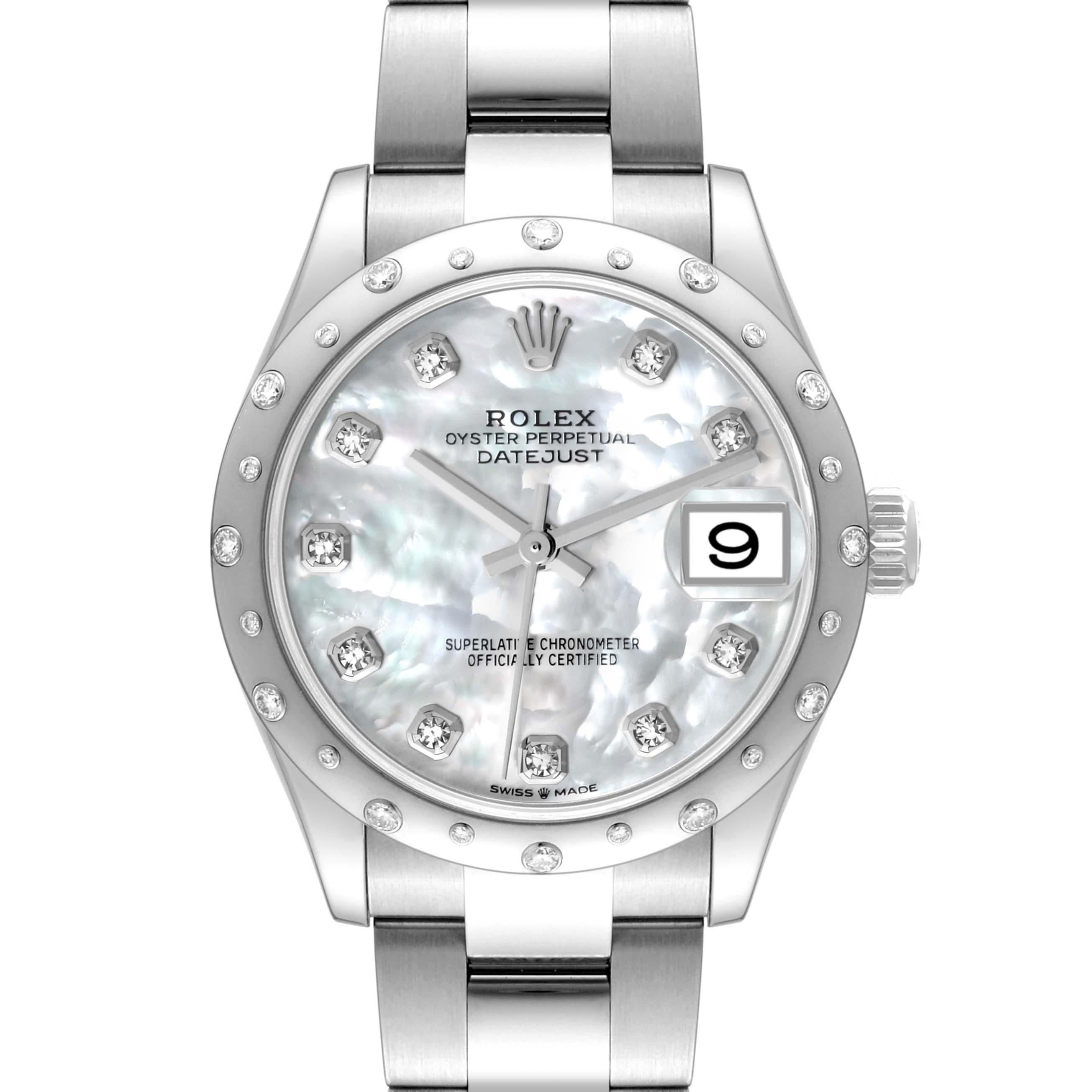 The image shows a frontal view of a Rolex Oyster Perpetual Datejust Mid-Size watch, displaying the face, bezel, and part of the bracelet.