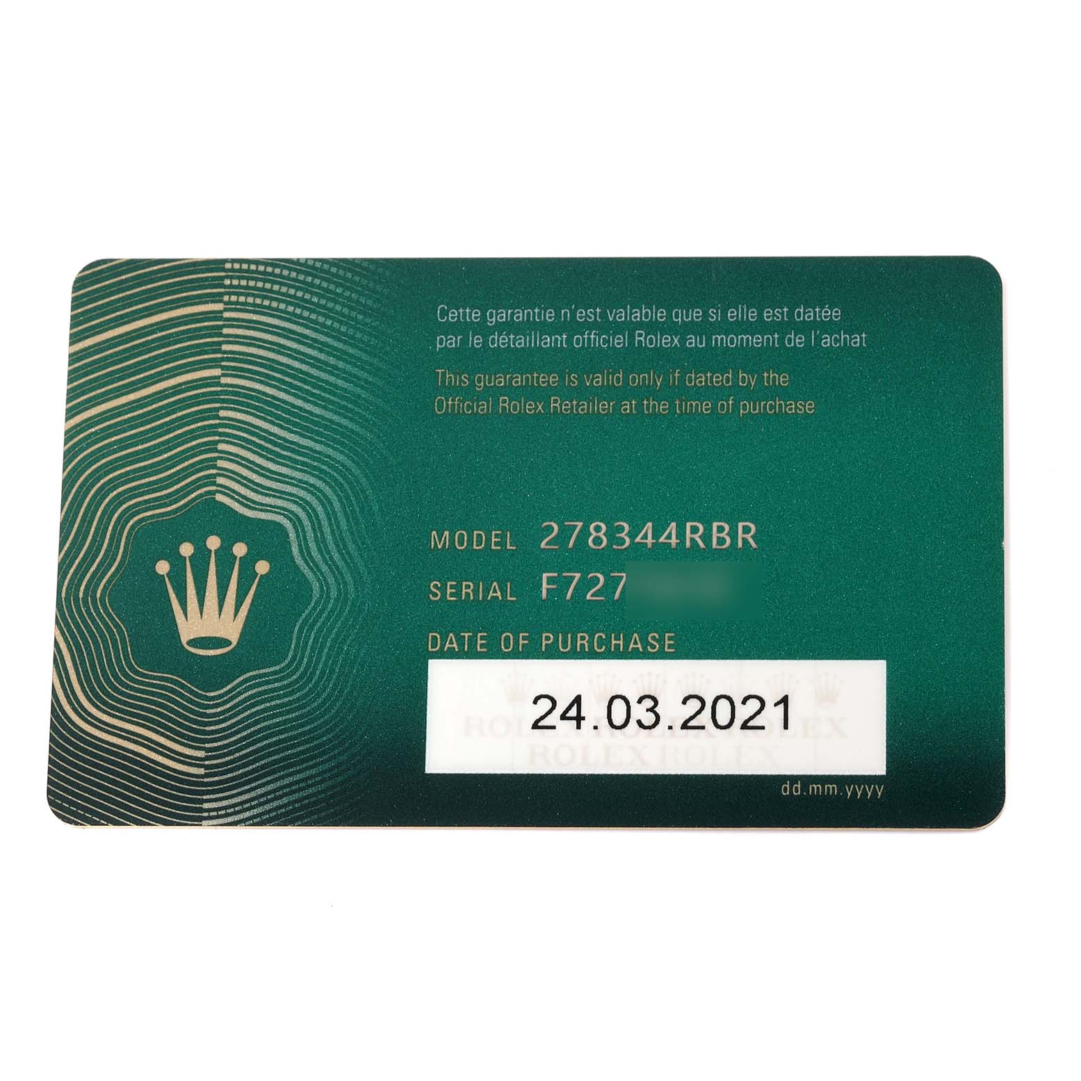 This image shows the Rolex warranty card for the Mid-Size model 278344RBR, displaying purchase date 24.03.2021.