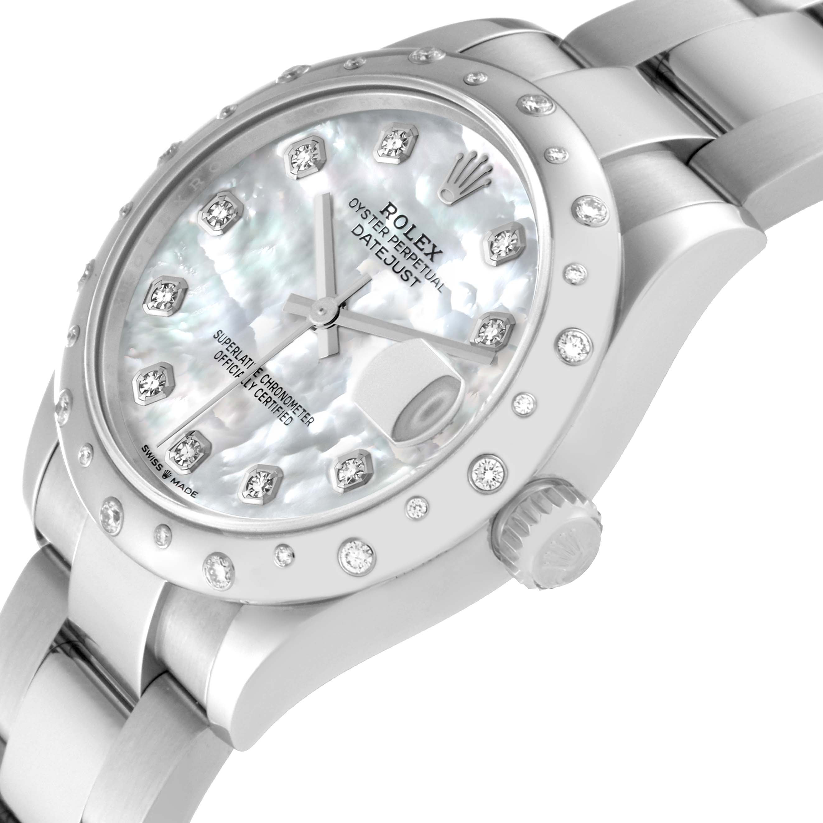 The image shows a close-up view of a mid-size Rolex Datejust, featuring its dial, bezel, crown, and part of the bracelet.