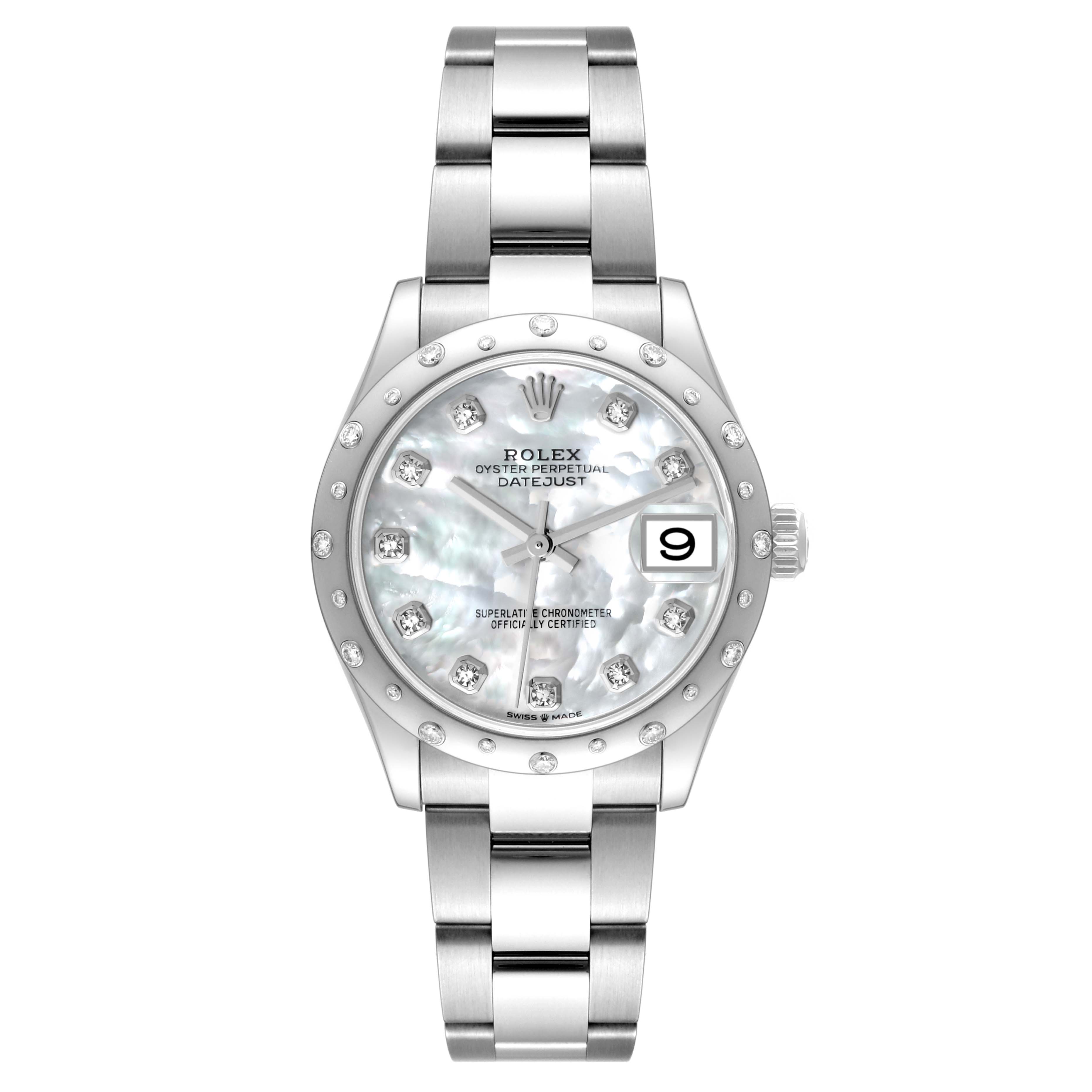 This Mid-Size Rolex Oyster Perpetual Datejust watch is shown from a front angle, displaying the dial, bezel, crown, and bracelet.