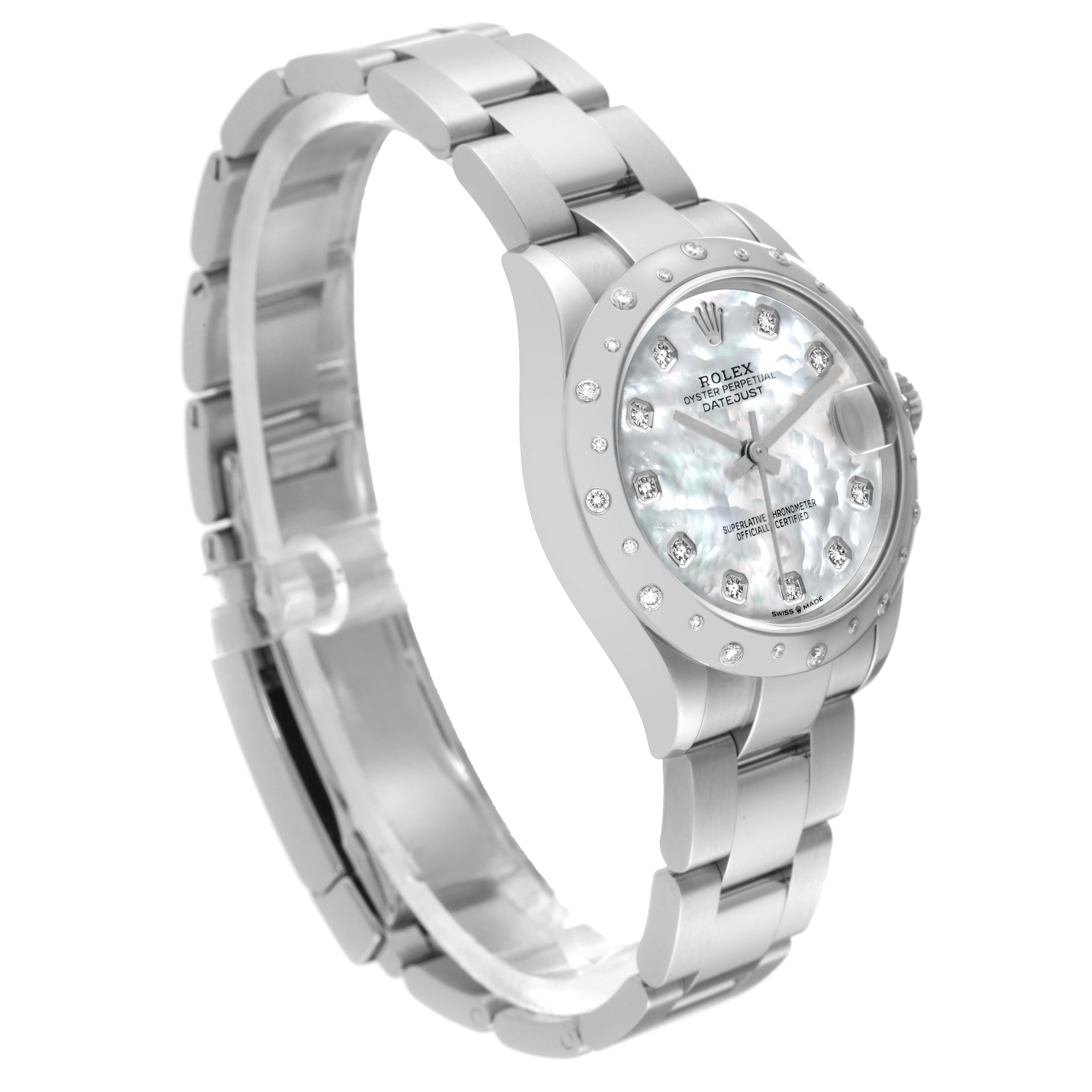 The image shows a side angle of a Rolex Oyster Perpetual Datejust Mid-Size watch, highlighting its bracelet and diamond-encrusted face.