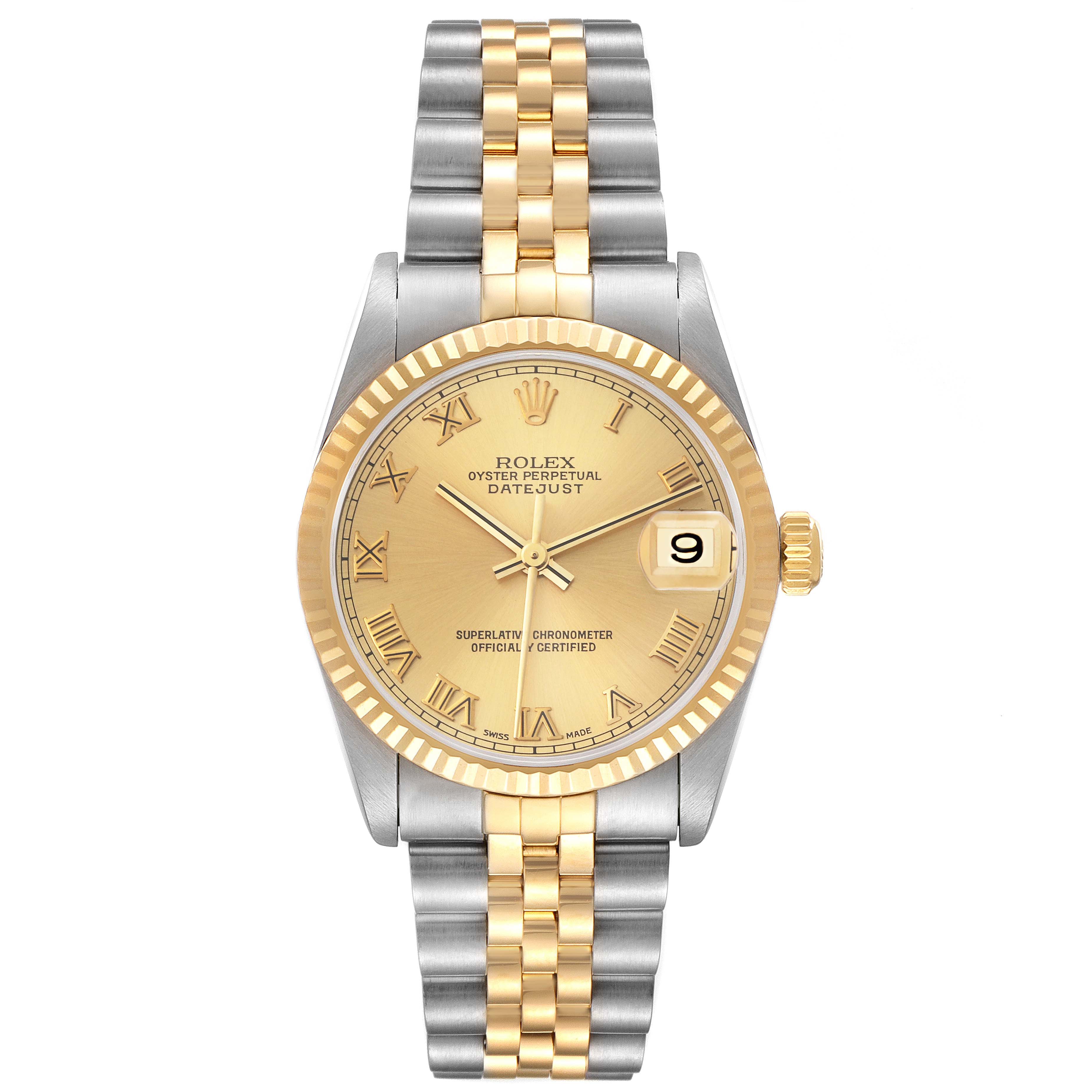 This is a front-facing view of a Rolex Oyster Perpetual Datejust Mid-Size watch showcasing the face, dial, and bracelet.