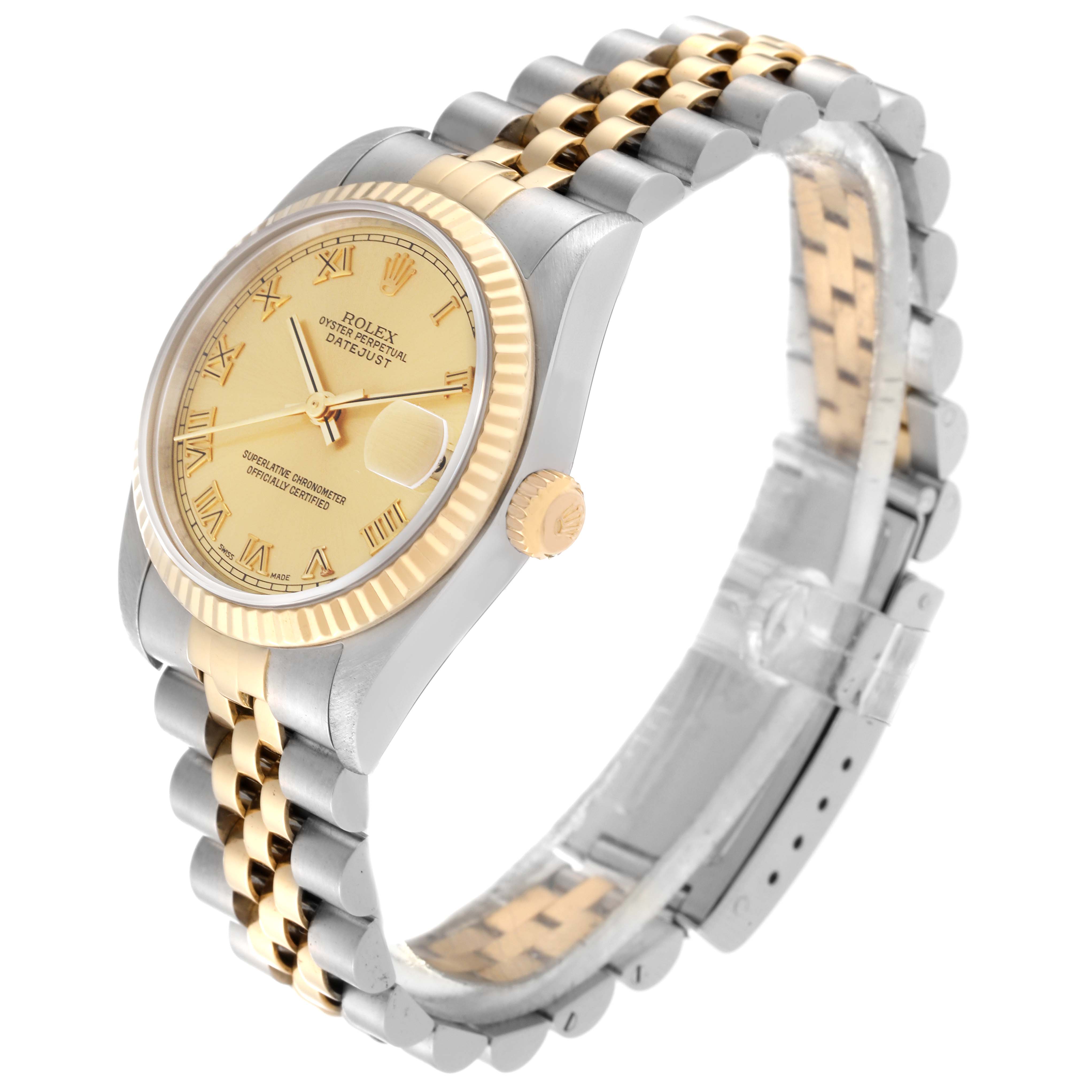 The image shows a Rolex Mid-Size 78273 Women's Steel and Gold (two tone) Champagne Dial 78273 Women's Steel and Gold (two tone) Champagne Dial Datejust watch at a three-quarter angle with a two-tone bracelet and a light-colored dial.