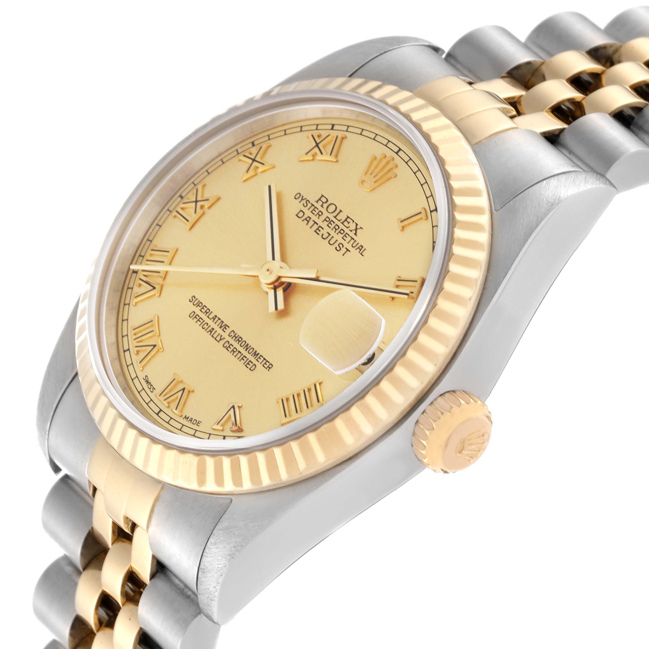The Rolex Mid-Size 78273 Women's Steel and Gold (two tone) Champagne Dial 78273 Women's Steel and Gold (two tone) Champagne Dial watch is shown from a high angle, displaying its gold dial, bezel, crown, and two-tone bracelet.