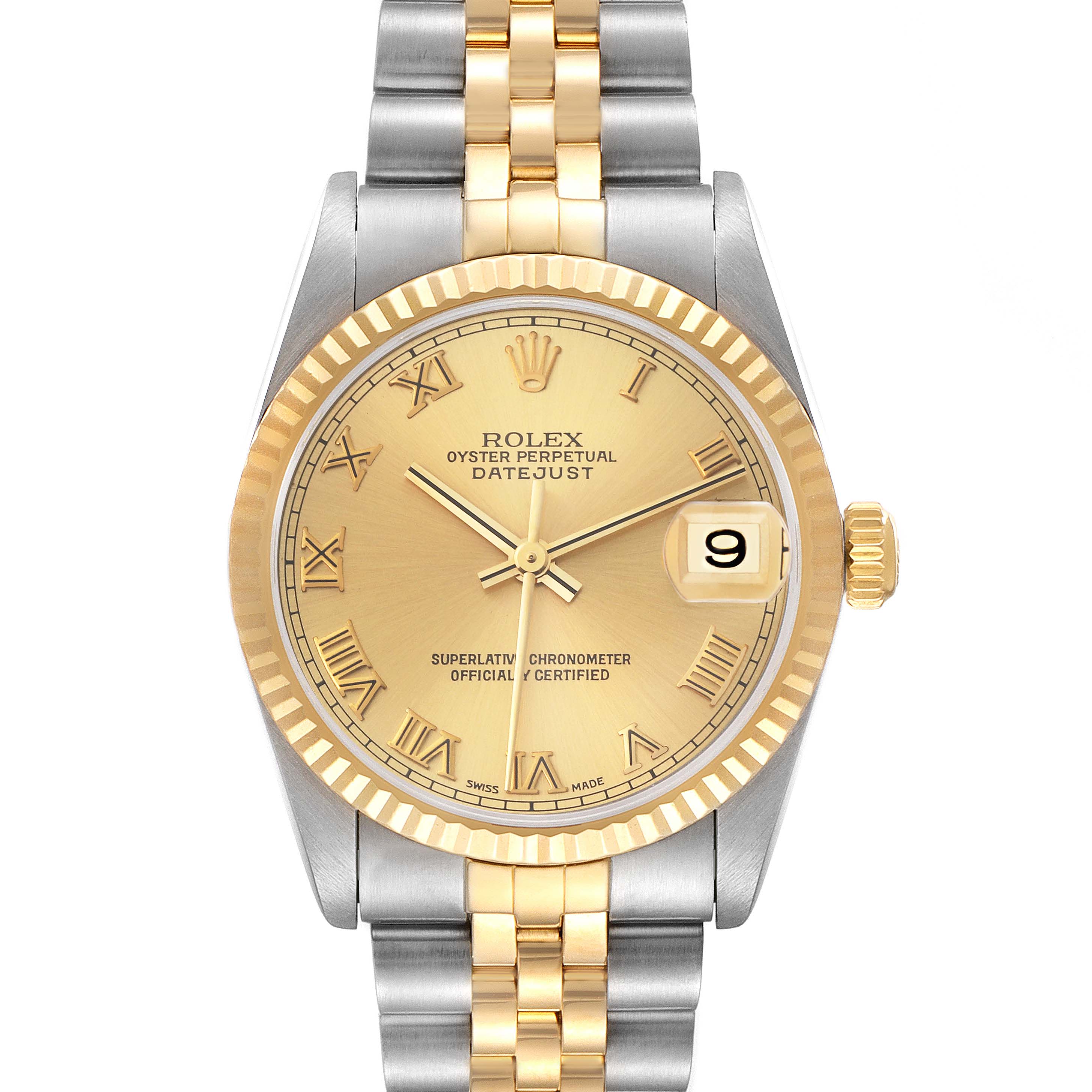 The Rolex Mid-Size 78273 Women's Steel and Gold (two tone) Champagne Dial 78273 Women's Steel and Gold (two tone) Champagne Dial Oyster Perpetual Datejust watch is shown from a front angle, highlighting its gold and stainless steel bracelet and date display.