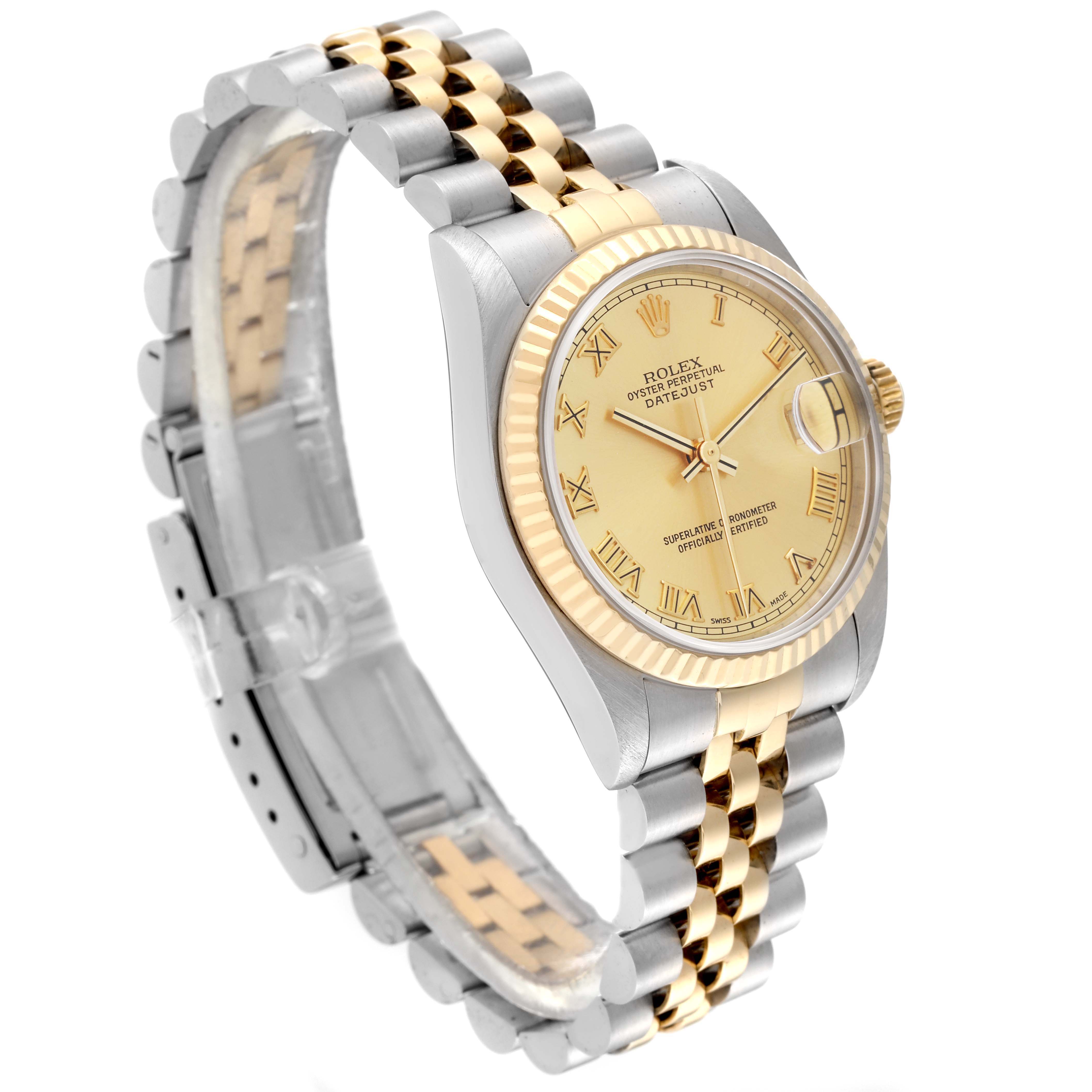 The image shows a Mid-Size Rolex Datejust watch at a 3/4 angle, displaying the face, bezel, and bi-metal bracelet.