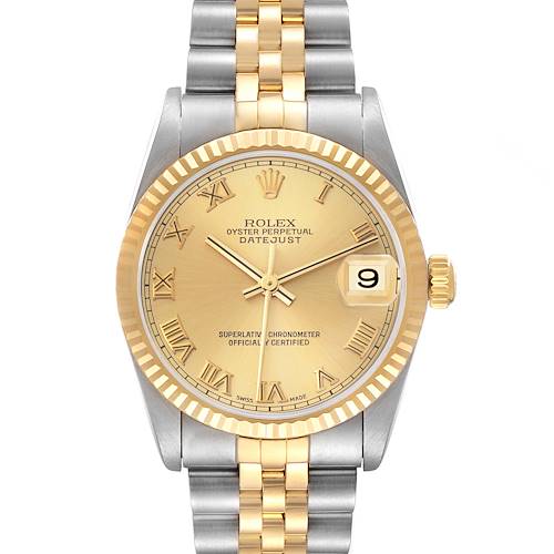 The Rolex Mid-Size Datejust watch is shown from a front angle, displaying the dial, bezel, and part of the bracelet.