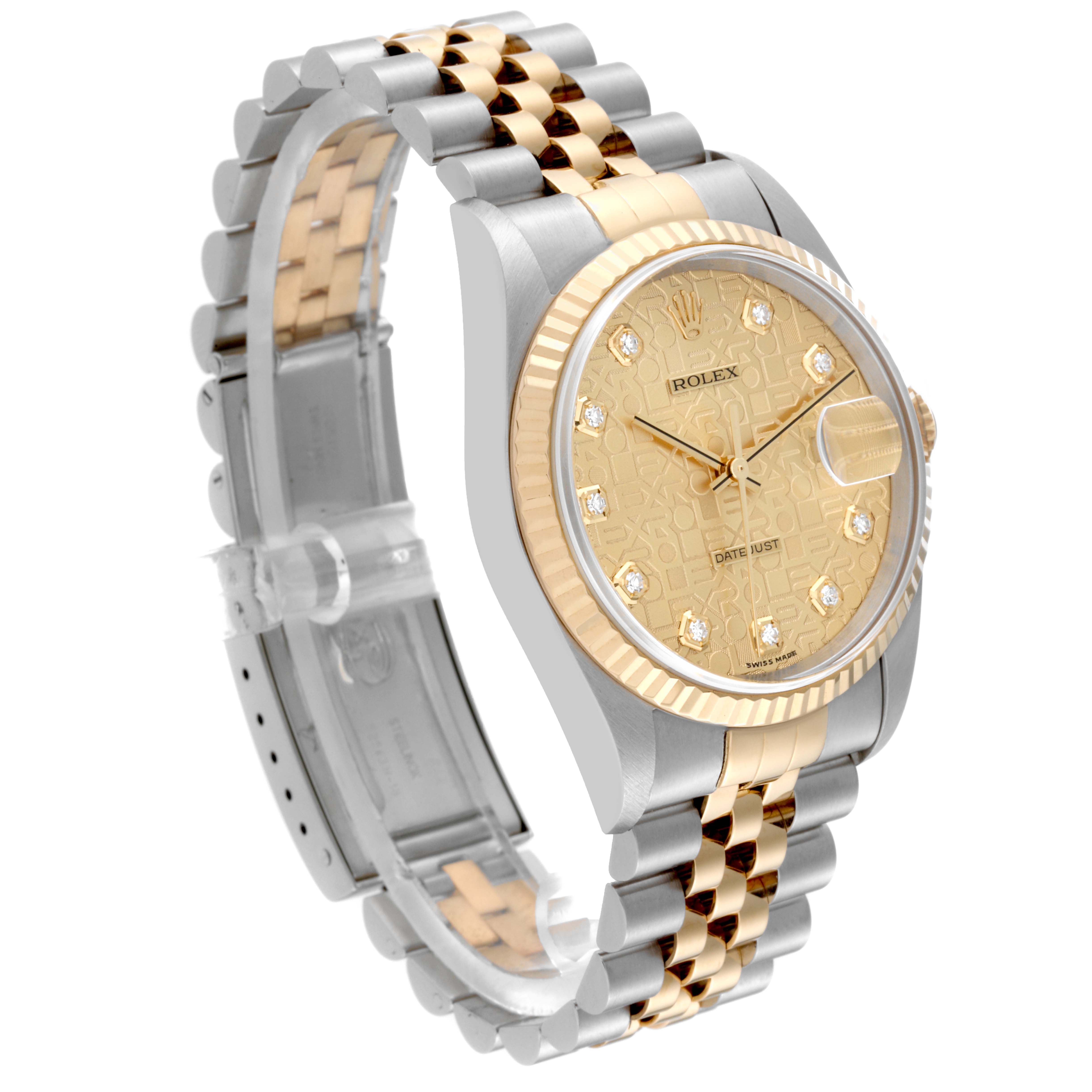 This Rolex Datejust 16233 Men's Steel and Gold (two tone) Champagne Dial 16233 Men's Steel and Gold (two tone) Champagne Dial model is shown from a three-quarter overhead angle, highlighting the watch face, dial, bezel, and bracelet.