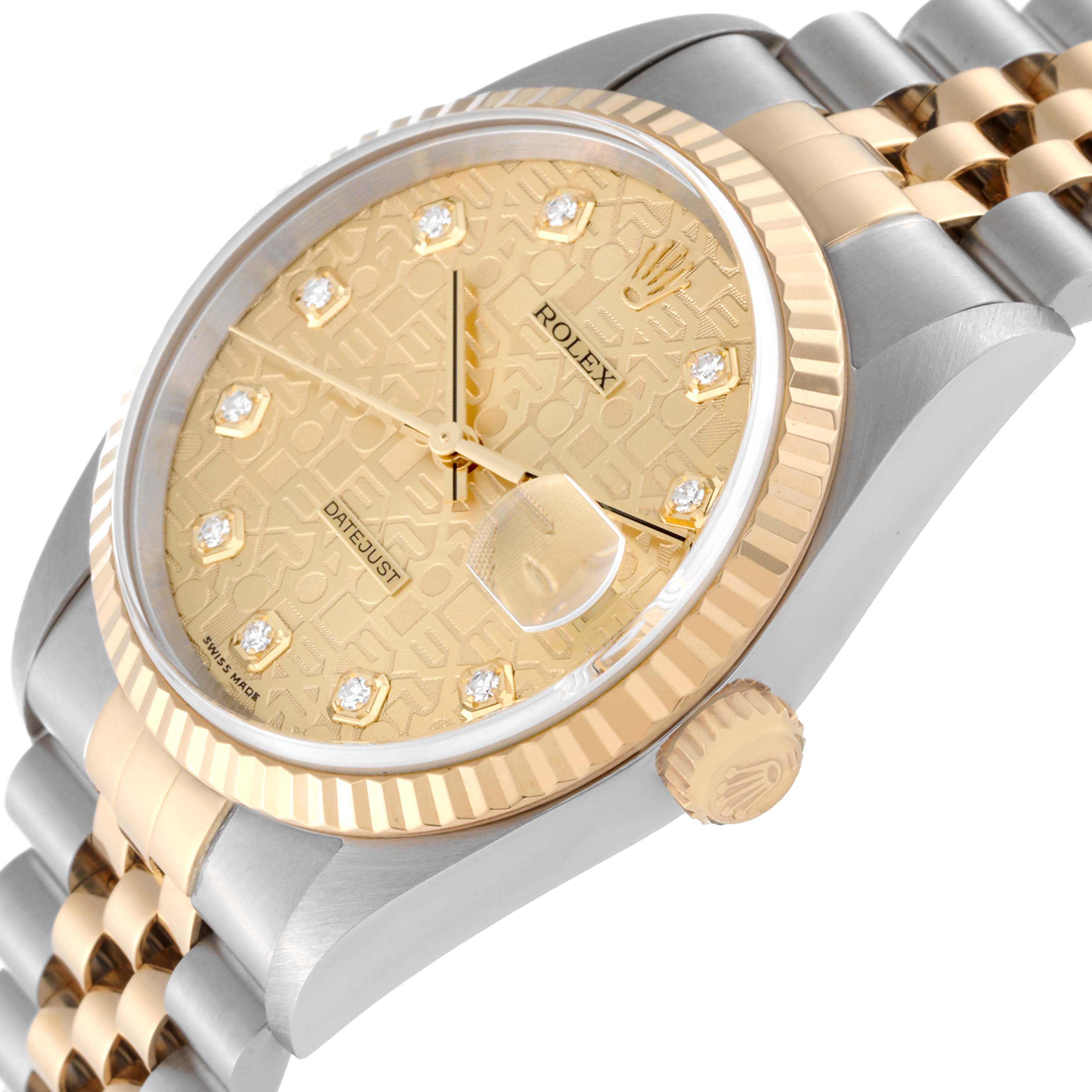 This image shows a Rolex Datejust 16233 Men's Steel and Gold (two tone) Champagne Dial 16233 Men's Steel and Gold (two tone) Champagne Dial watch from an angled view, highlighting the dial, bezel, crown, and part of the bracelet.