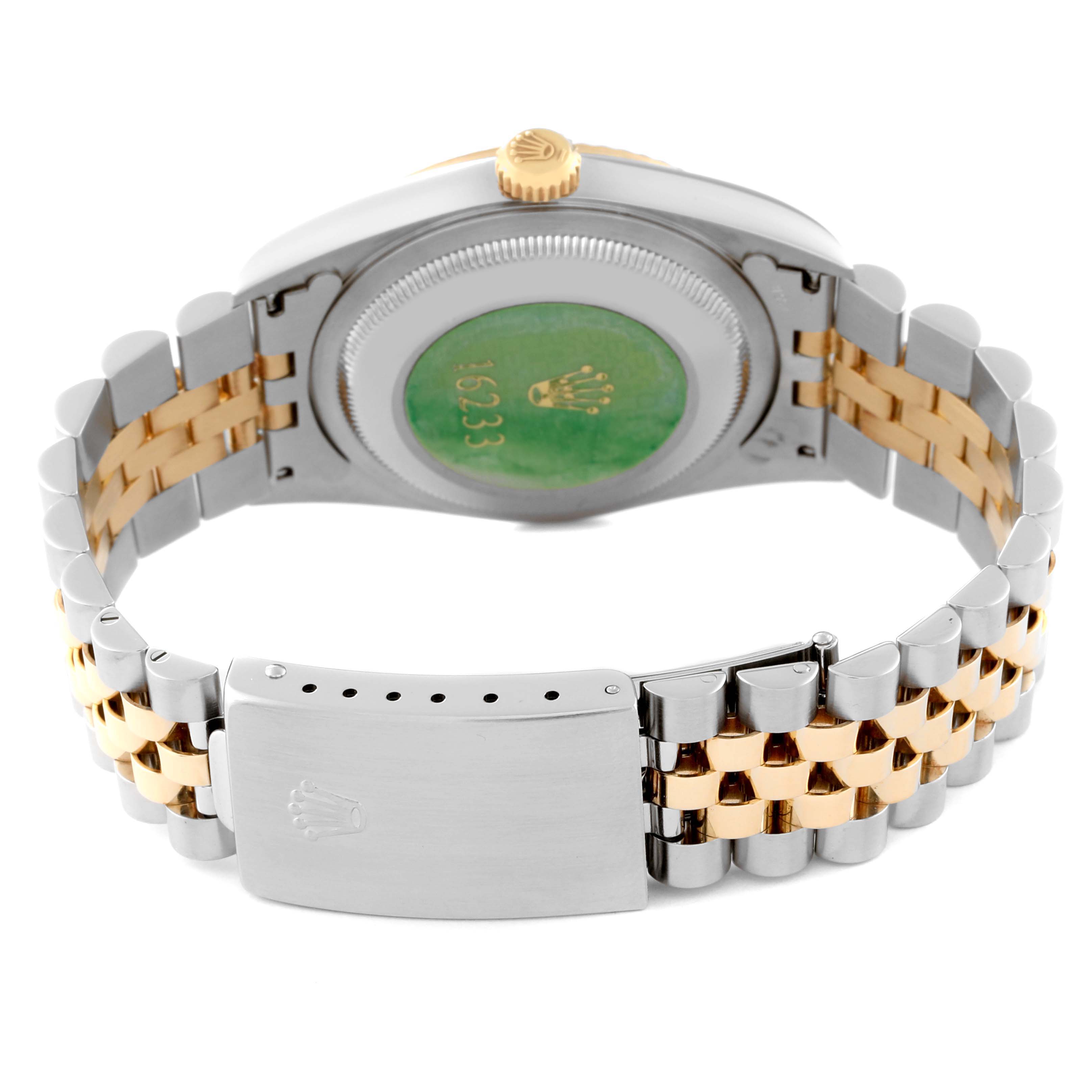 This image shows the back view of a Rolex Datejust 16233 Men's Steel and Gold (two tone) Champagne Dial 16233 Men's Steel and Gold (two tone) Champagne Dial watch, highlighting its caseback, bracelet, and clasp.