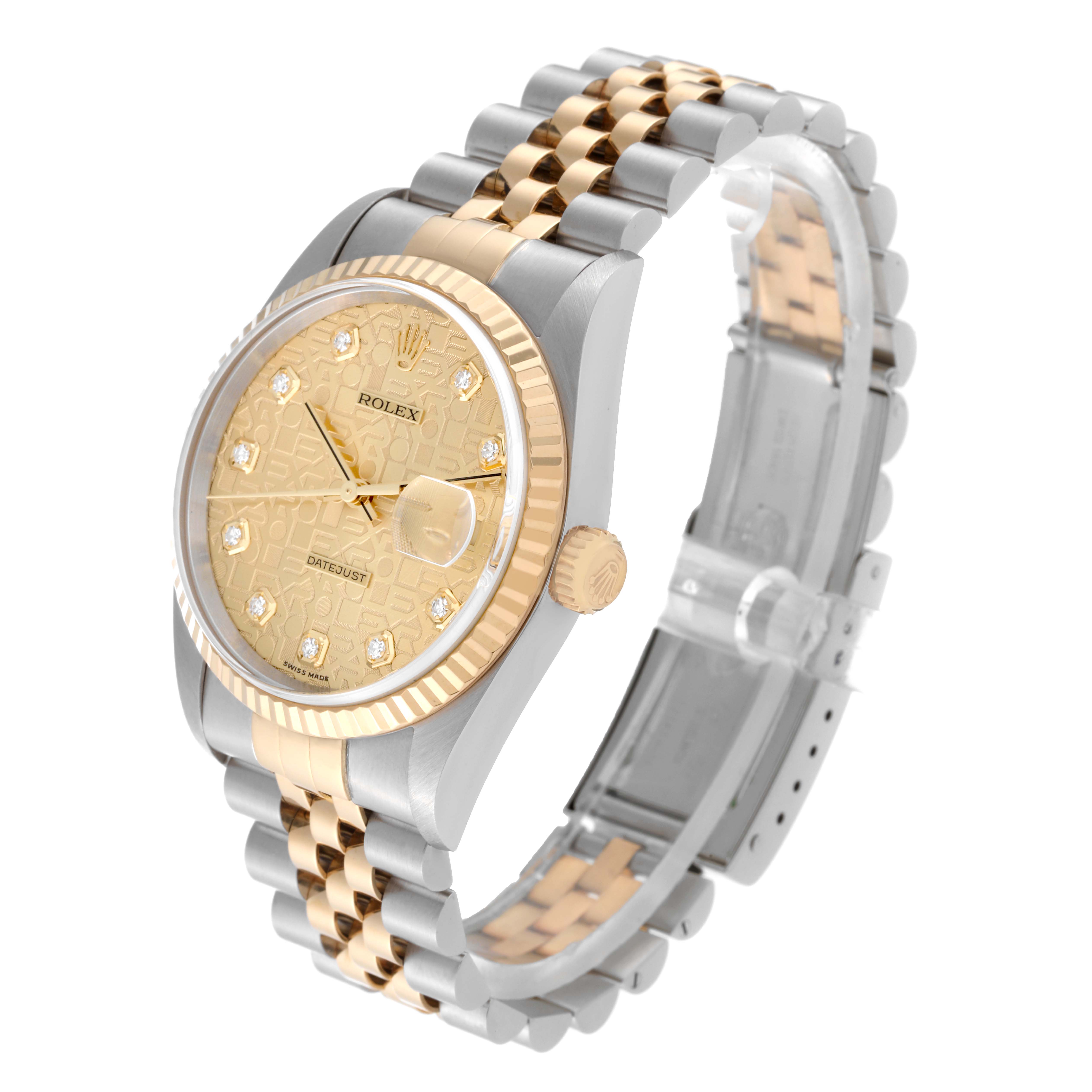 The image shows a Rolex Datejust 16233 Men's Steel and Gold (two tone) Champagne Dial 16233 Men's Steel and Gold (two tone) Champagne Dial model at a three-quarter angle, highlighting the dial, bezel, crown, and jubilee bracelet.