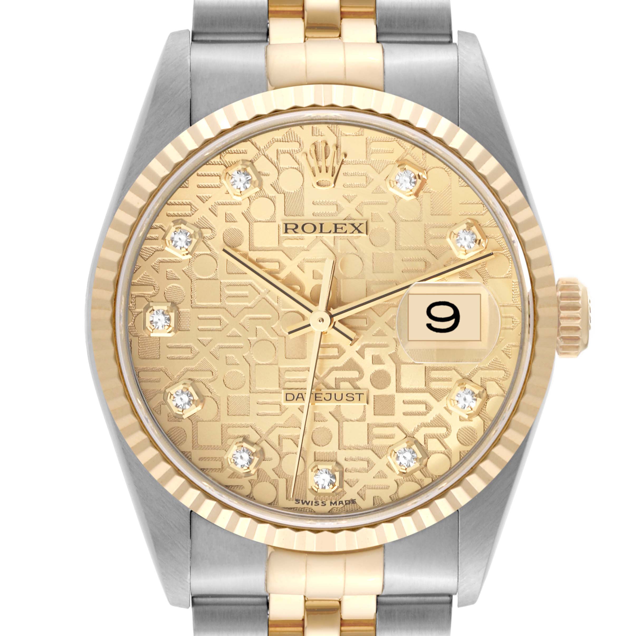 This image shows the front view of the Rolex Datejust 16233 Men's Steel and Gold (two tone) Champagne Dial 16233 Men's Steel and Gold (two tone) Champagne Dial watch, highlighting its gold dial, fluted bezel, and two-tone bracelet.