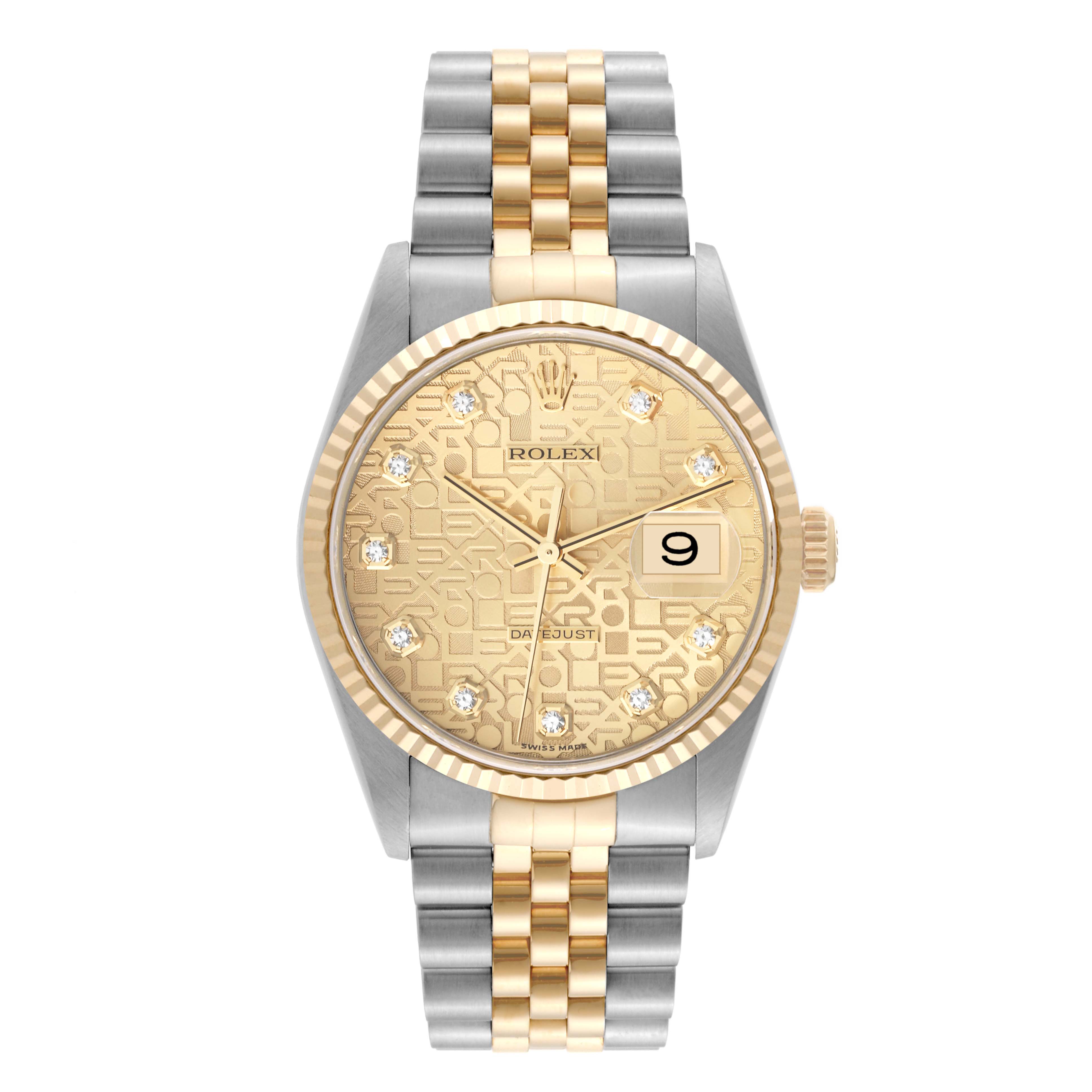 The image shows a front view of a Rolex Datejust 16233 Men's Steel and Gold (two tone) Champagne Dial 16233 Men's Steel and Gold (two tone) Champagne Dial watch, highlighting its two-tone bracelet, gold dial, and fluted bezel.