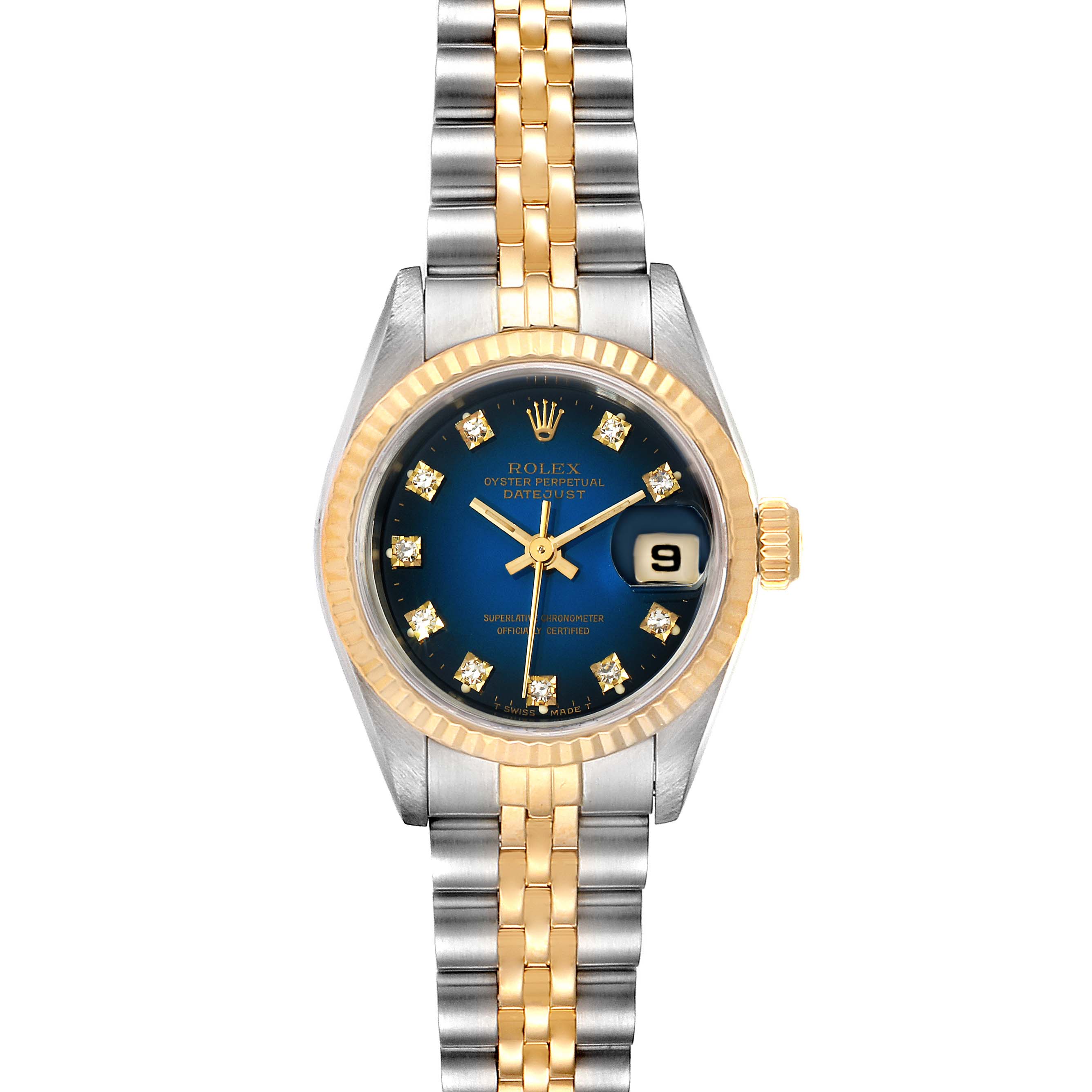 This image shows a front view of the Rolex Datejust 69173 Women's Steel and Gold (two tone) Blue Dial 69173 Women's Steel and Gold (two tone) Blue Dial watch displaying the dial, bezel, crown, and bracelet.