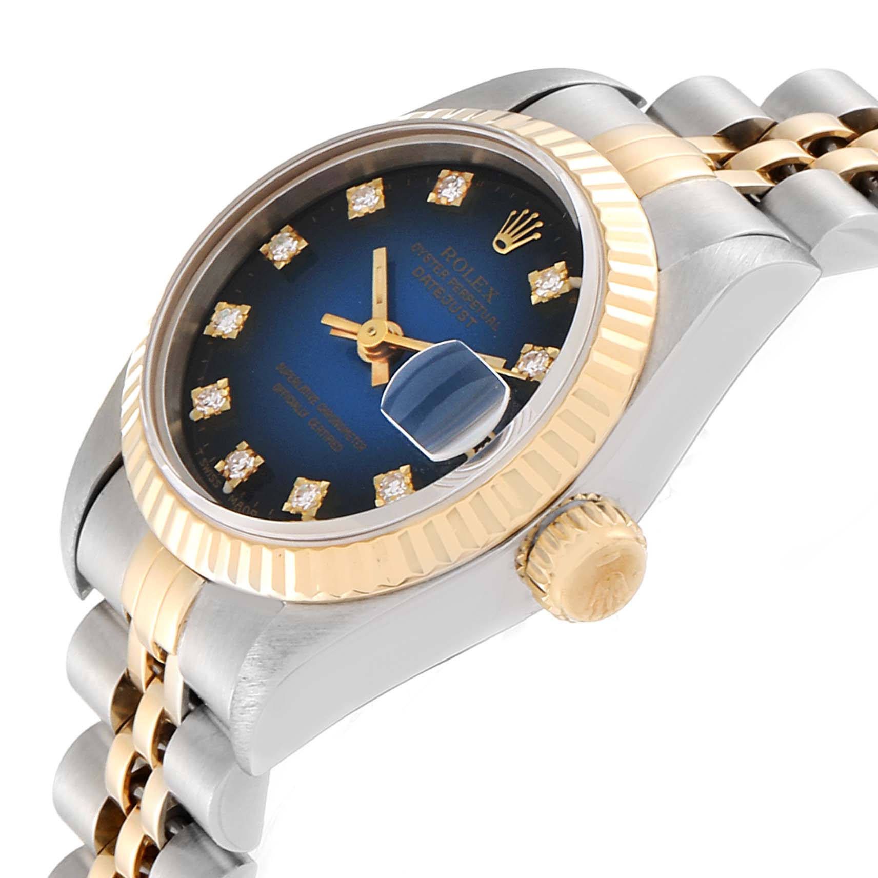 The image shows a close-up angle of a Rolex Datejust 69173 Women's Steel and Gold (two tone) Blue Dial 69173 Women's Steel and Gold (two tone) Blue Dial, highlighting the dial, crown, and bracelet.