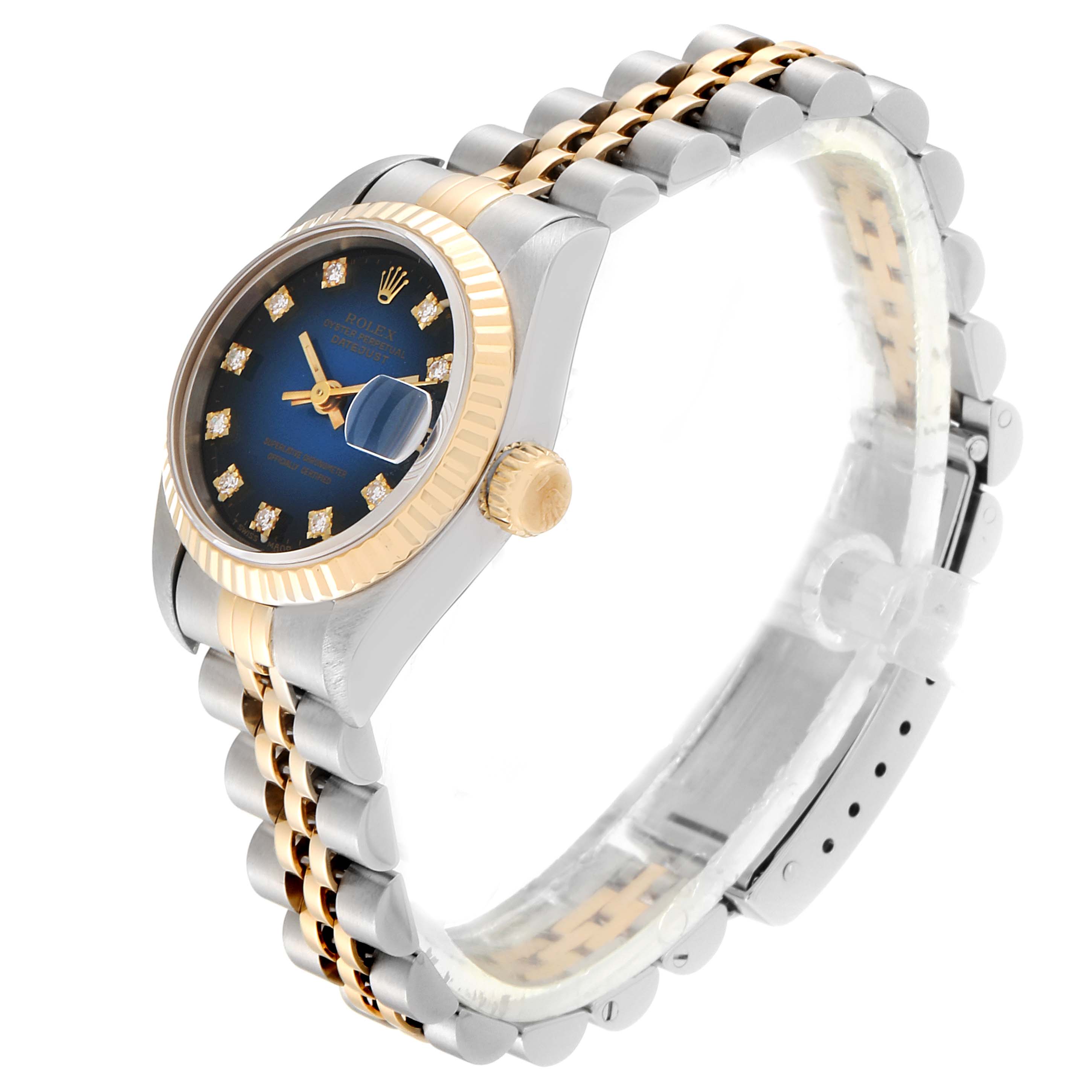 The image shows a Rolex Datejust 69173 Women's Steel and Gold (two tone) Blue Dial 69173 Women's Steel and Gold (two tone) Blue Dial watch angled from the right side, highlighting its two-tone bracelet, fluted bezel, and blue dial.