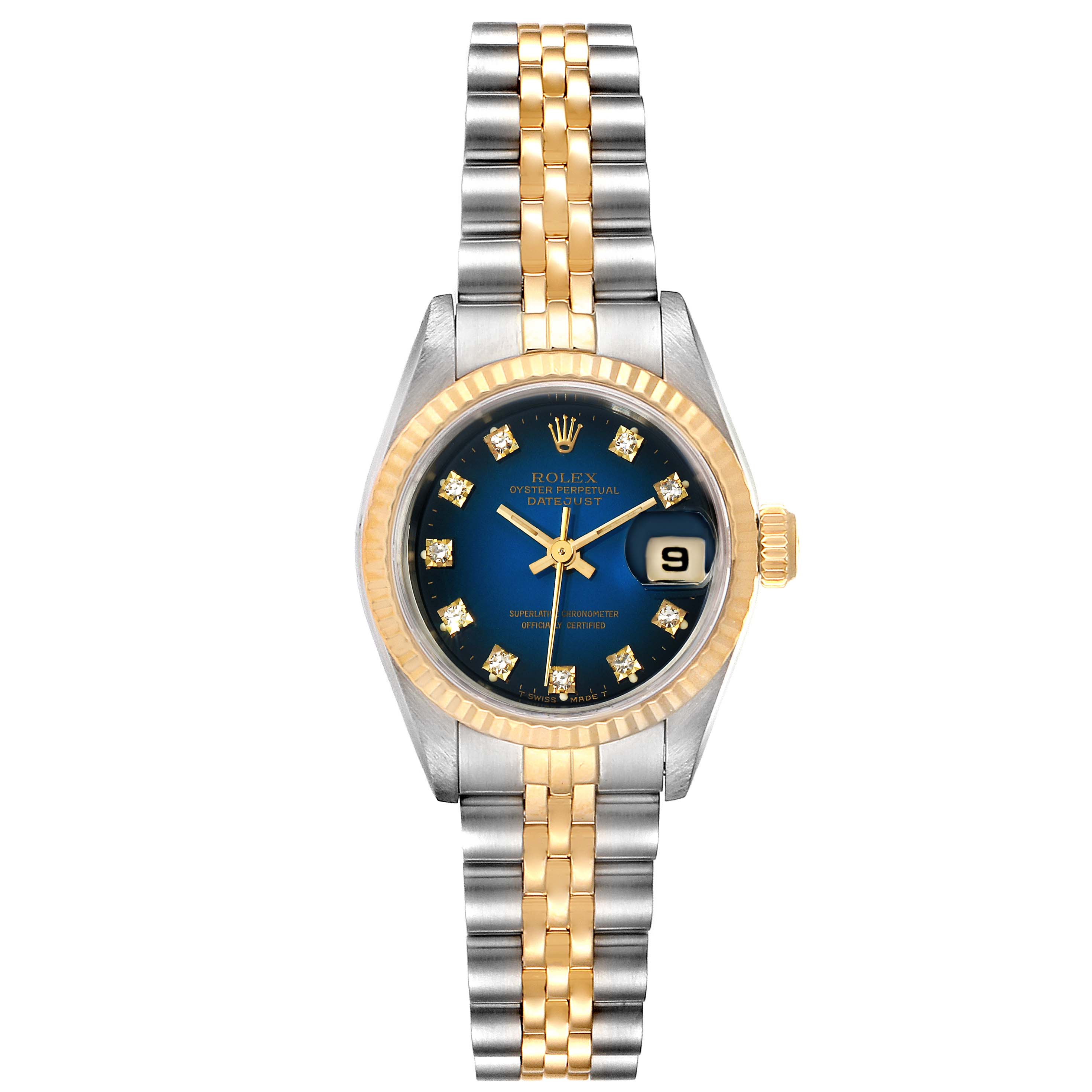 This Rolex Datejust 69173 Women's Steel and Gold (two tone) Blue Dial 69173 Women's Steel and Gold (two tone) Blue Dial watch is shown from a straight-on angle, displaying its face, bezel, and two-tone bracelet.