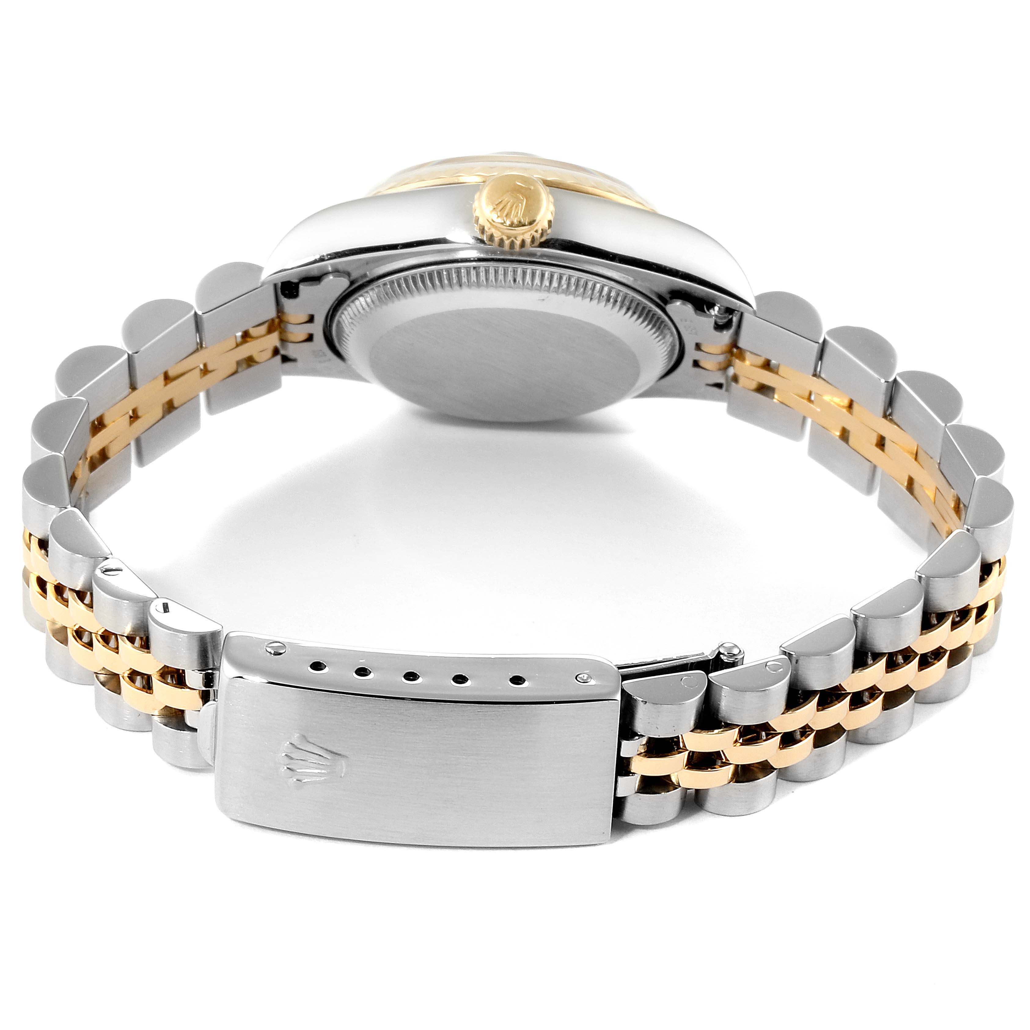 This image shows the underside and clasp of a Rolex Datejust 69173 Women's Steel and Gold (two tone) Blue Dial 69173 Women's Steel and Gold (two tone) Blue Dial watch, highlighting the bracelet and caseback.