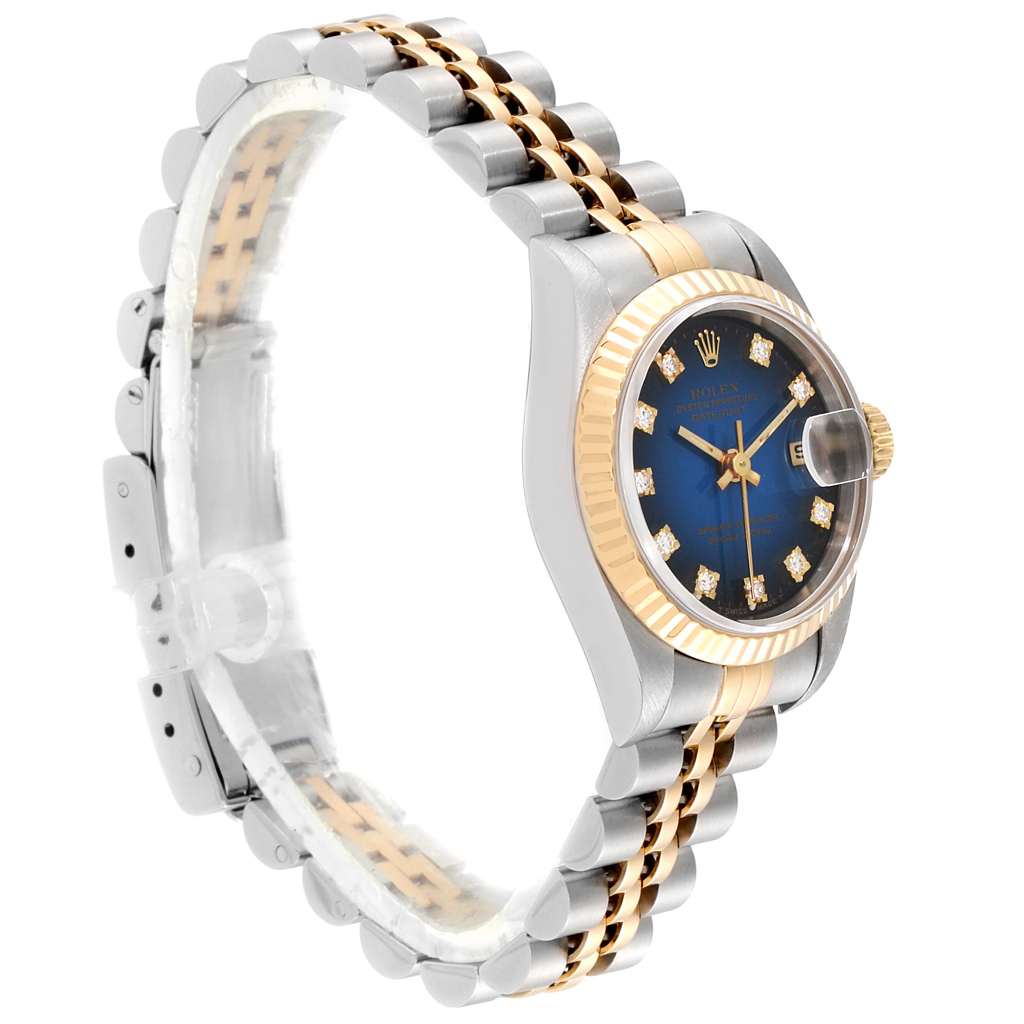 This Rolex Datejust 69173 Women's Steel and Gold (two tone) Blue Dial 69173 Women's Steel and Gold (two tone) Blue Dial watch is shown at a right side angle, displaying its bracelet, bezel, and face.