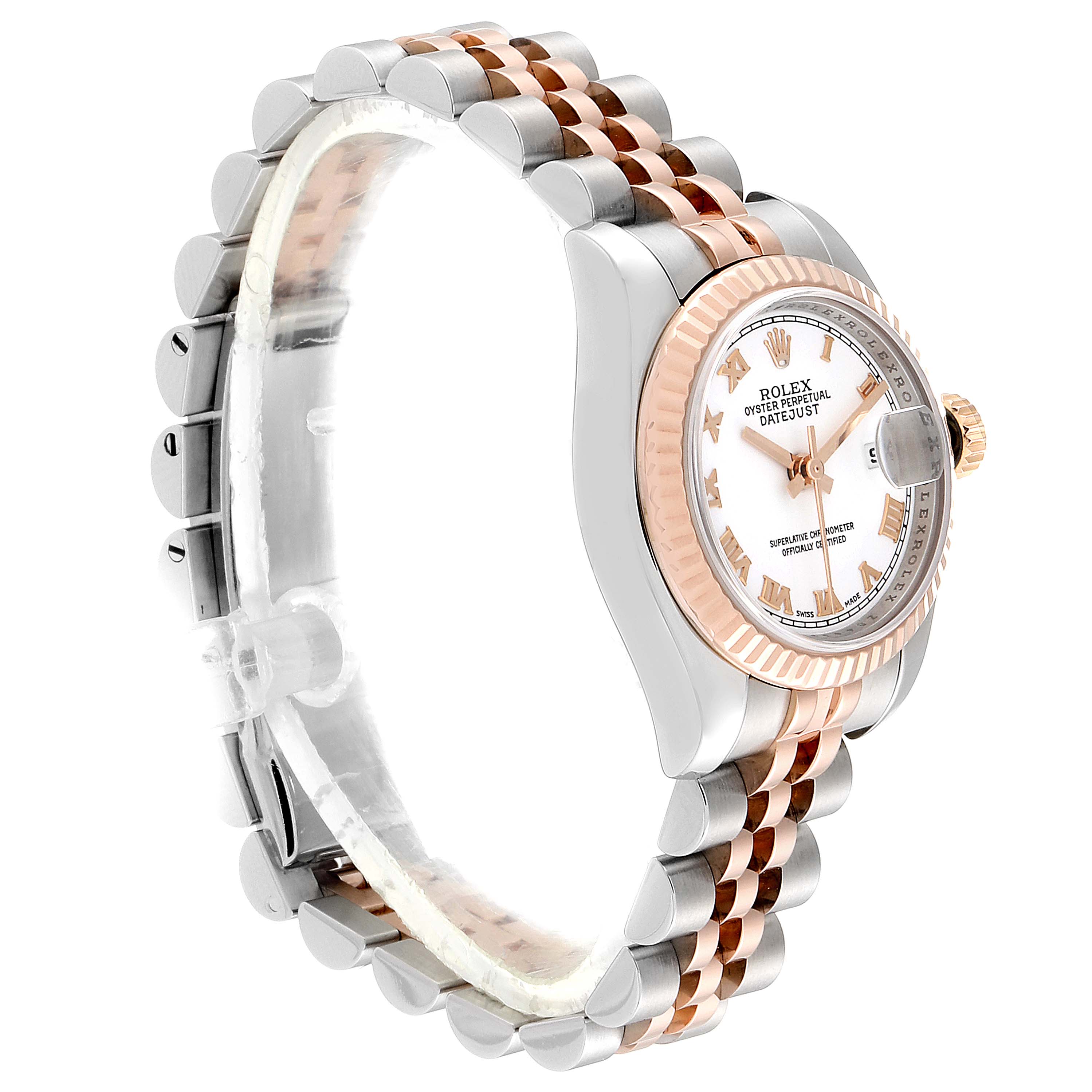 This image shows a Rolex Datejust 179171 Women's Steel and Gold (two tone) White Dial 179171 Women's Steel and Gold (two tone) White Dial watch angled from the right side, highlighting its bezel, dial, and two-tone bracelet.