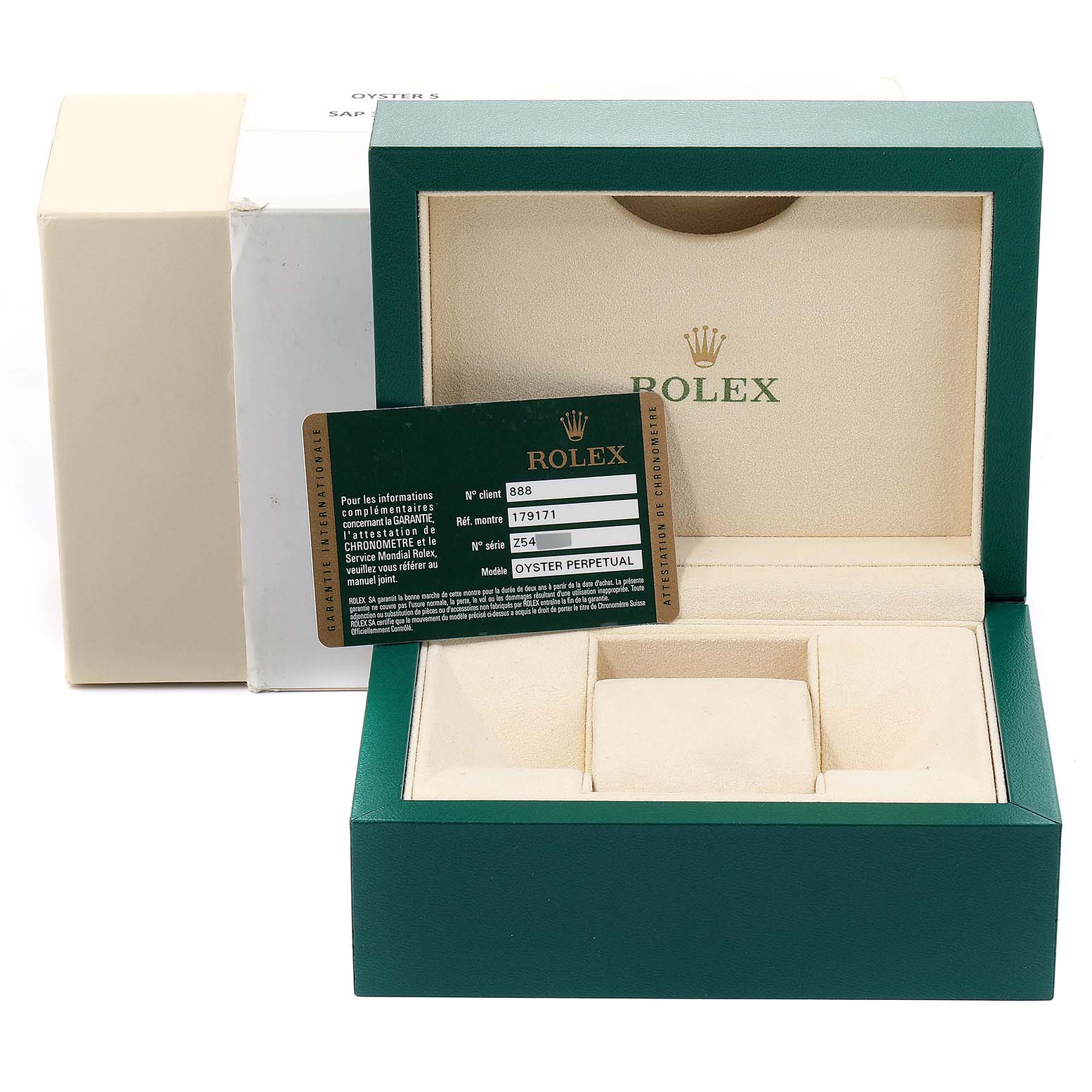 This image shows the box and authenticity card for a Rolex Datejust 179171 Women's Steel and Gold (two tone) White Dial 179171 Women's Steel and Gold (two tone) White Dial watch, displayed from a front angle.