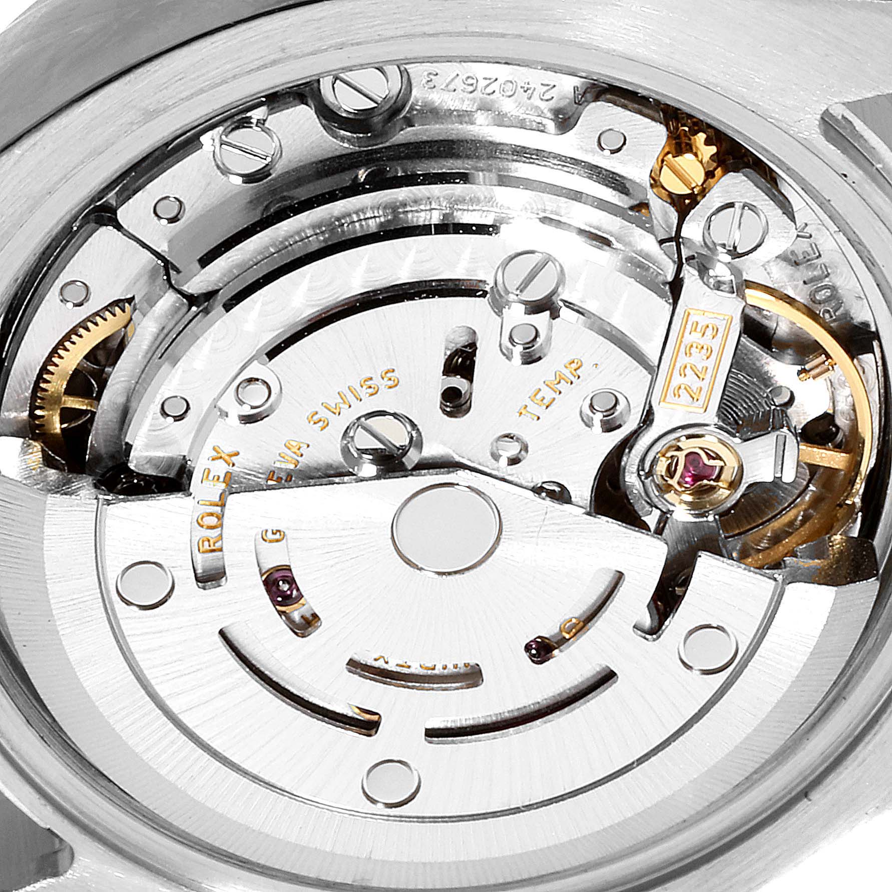 This image shows the internal mechanism of the Rolex Datejust 179171 Women's Steel and Gold (two tone) White Dial 179171 Women's Steel and Gold (two tone) White Dial watch, focusing on the movement components.