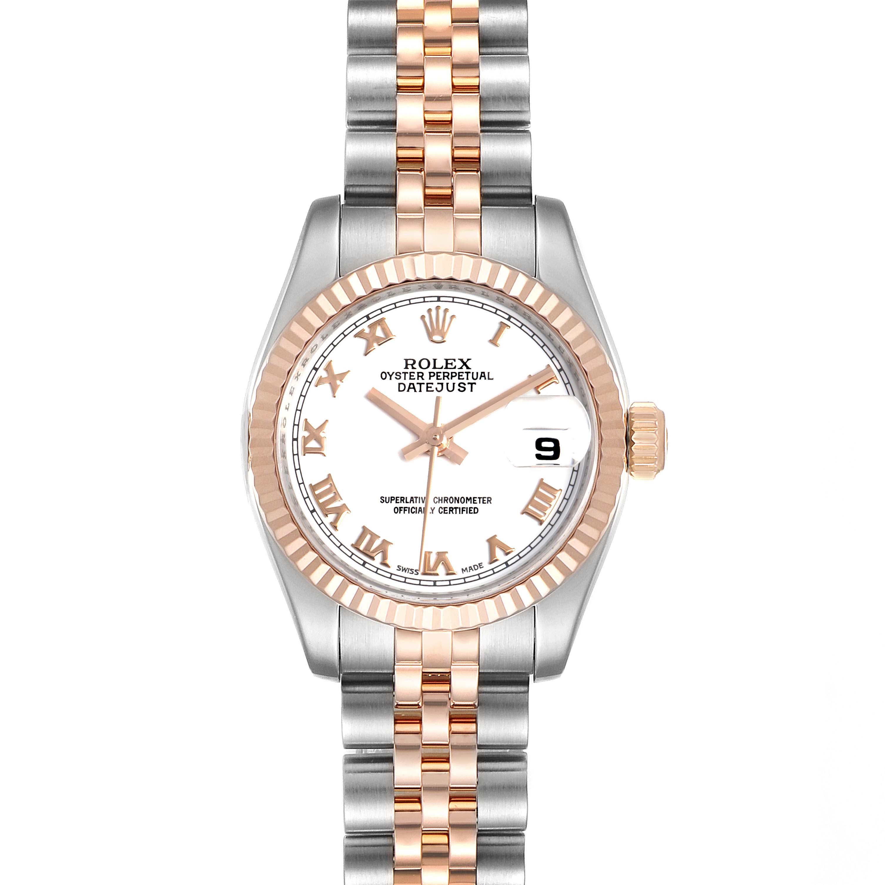 The Rolex Datejust 179171 Women's Steel and Gold (two tone) White Dial 179171 Women's Steel and Gold (two tone) White Dial model watch is shown from a front view, displaying its face, bezel, and Jubilee bracelet.