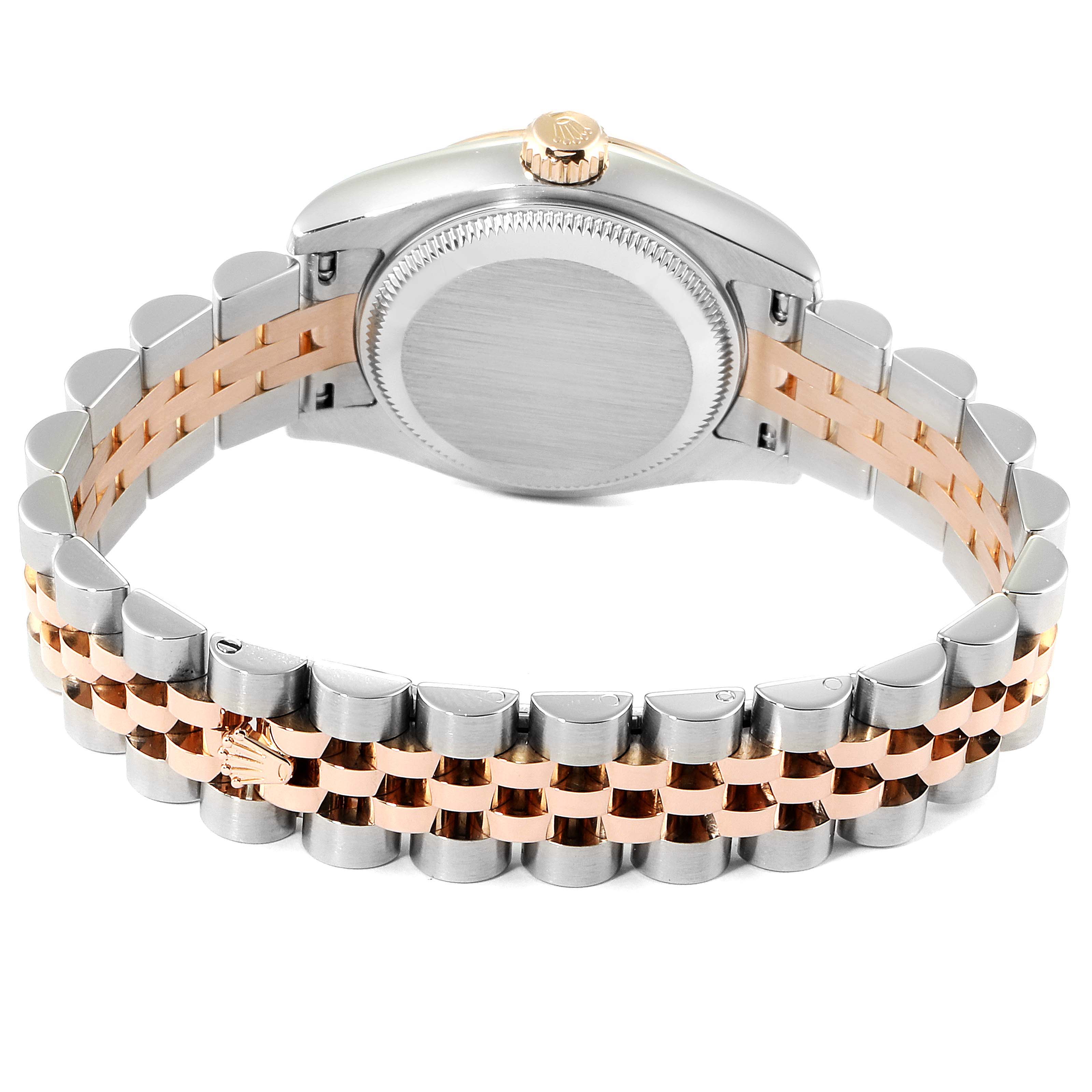 The image shows the back of a Rolex Datejust 179171 Women's Steel and Gold (two tone) White Dial 179171 Women's Steel and Gold (two tone) White Dial watch, highlighting its two-tone bracelet and case back.