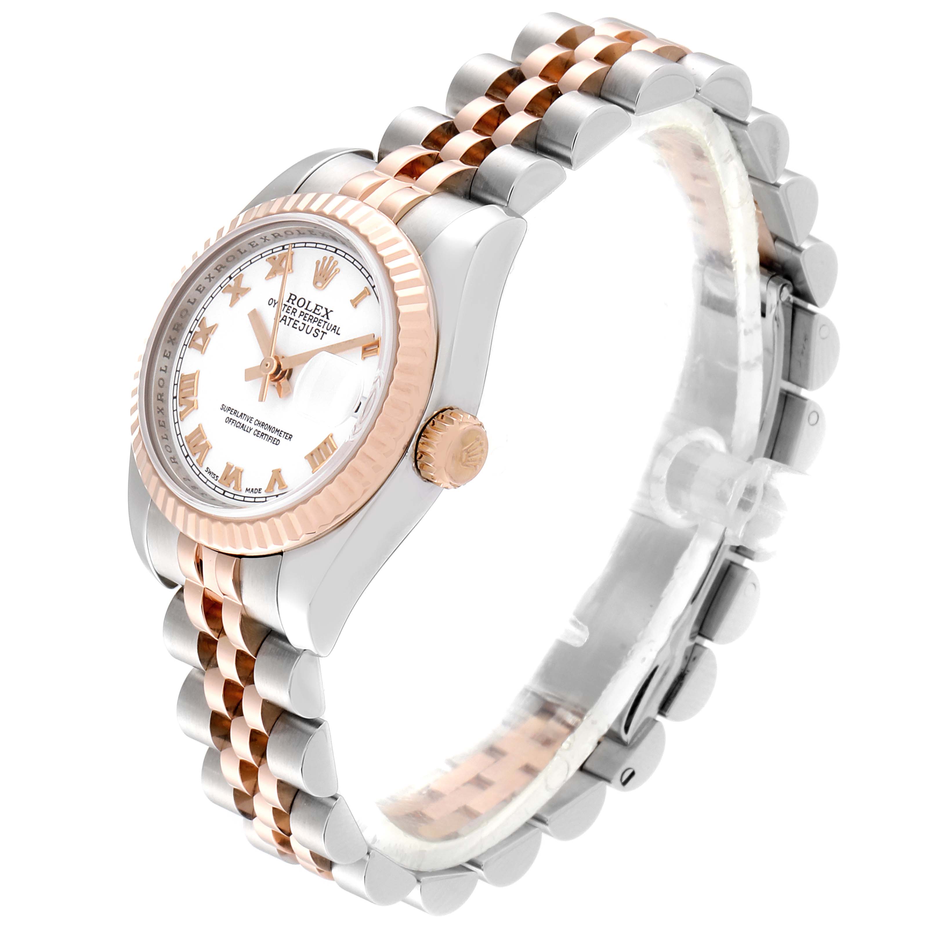 This is an angled side view of a Rolex Datejust 179171 Women's Steel and Gold (two tone) White Dial 179171 Women's Steel and Gold (two tone) White Dial watch, showcasing the dial, crown, bezel, and jubilee bracelet.
