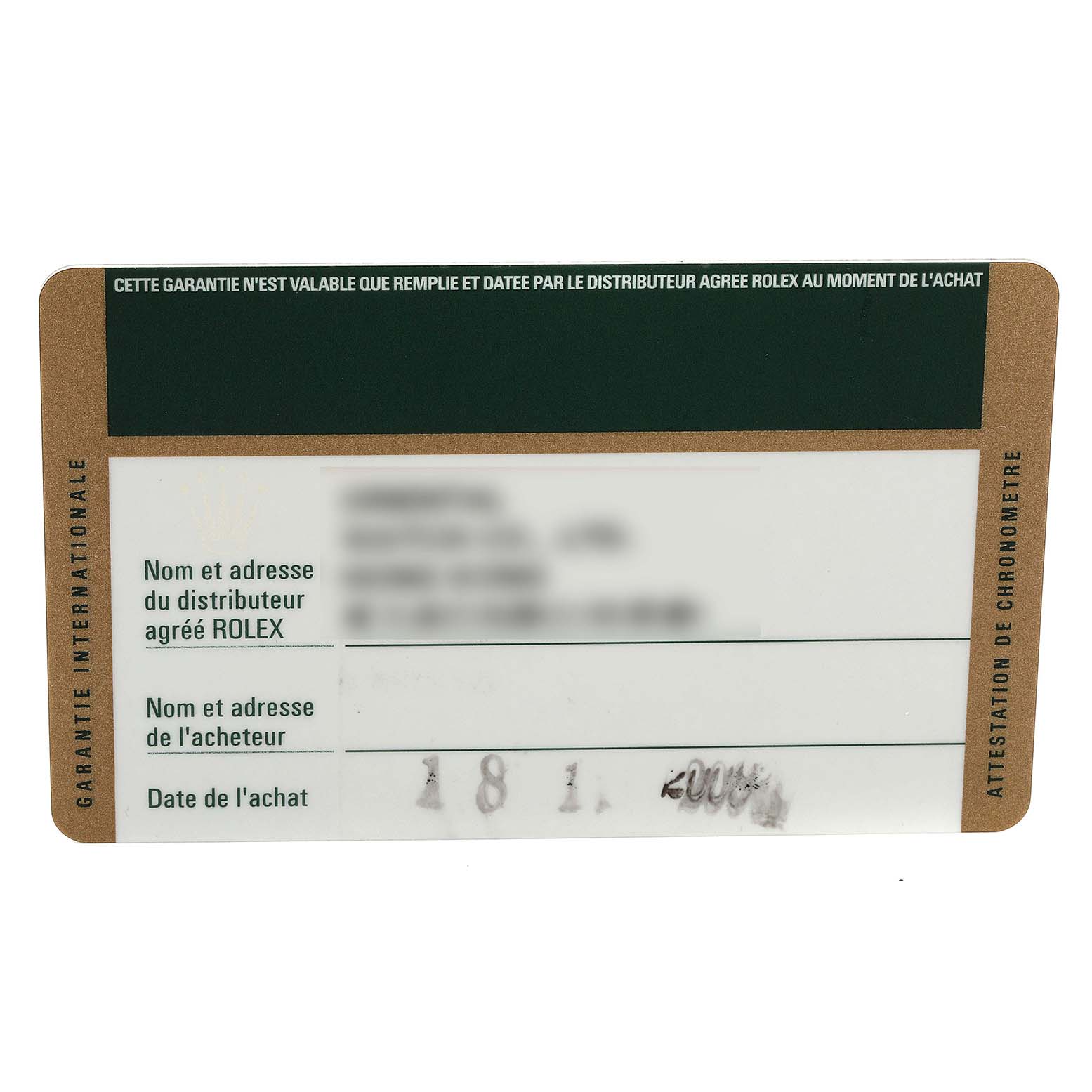 This image shows the warranty card for the Rolex Datejust 179171 Women's Steel and Gold (two tone) White Dial 179171 Women's Steel and Gold (two tone) White Dial watch.