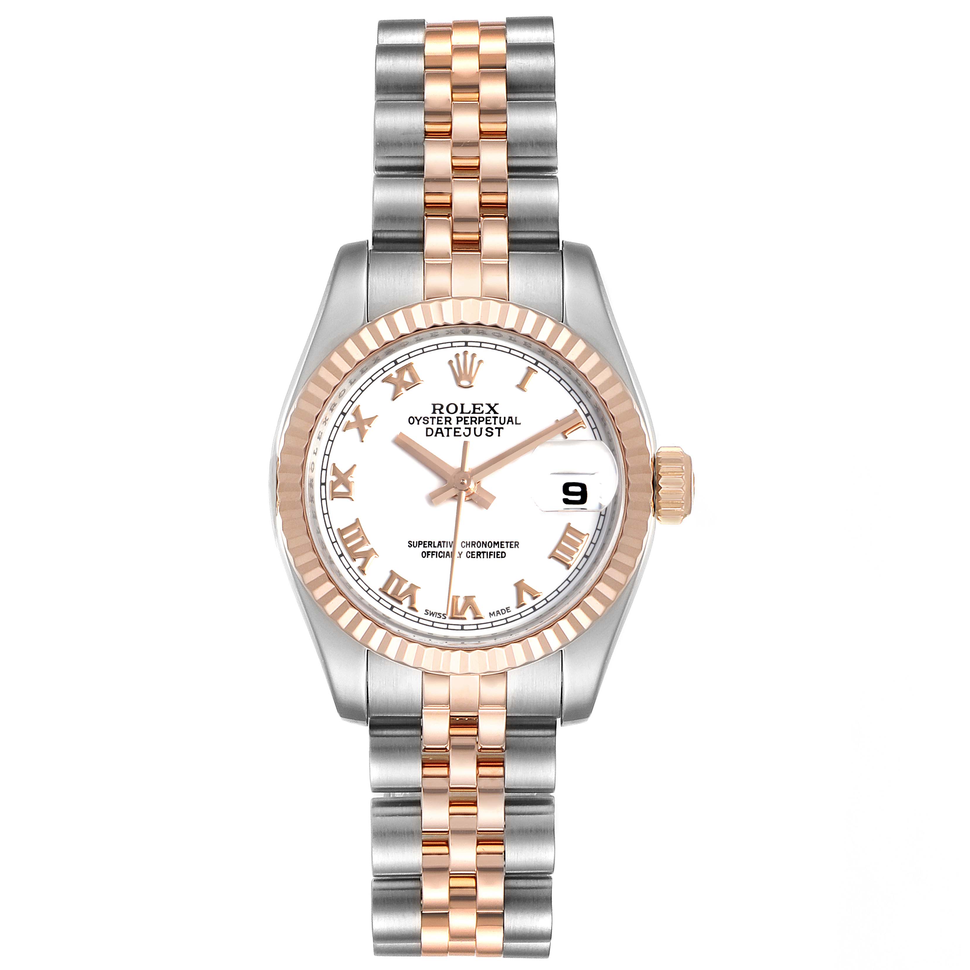 The image shows a front view of a Rolex Datejust 179171 Women's Steel and Gold (two tone) White Dial 179171 Women's Steel and Gold (two tone) White Dial watch, highlighting its two-tone bracelet, fluted bezel, and white dial with a date display.