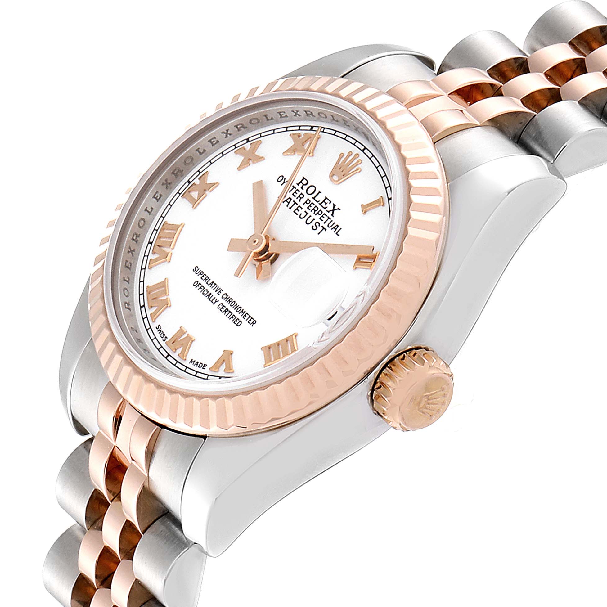 The Rolex Datejust 179171 Women's Steel and Gold (two tone) White Dial 179171 Women's Steel and Gold (two tone) White Dial watch is shown at an angle displaying the face, bezel, crown, and part of the bracelet.