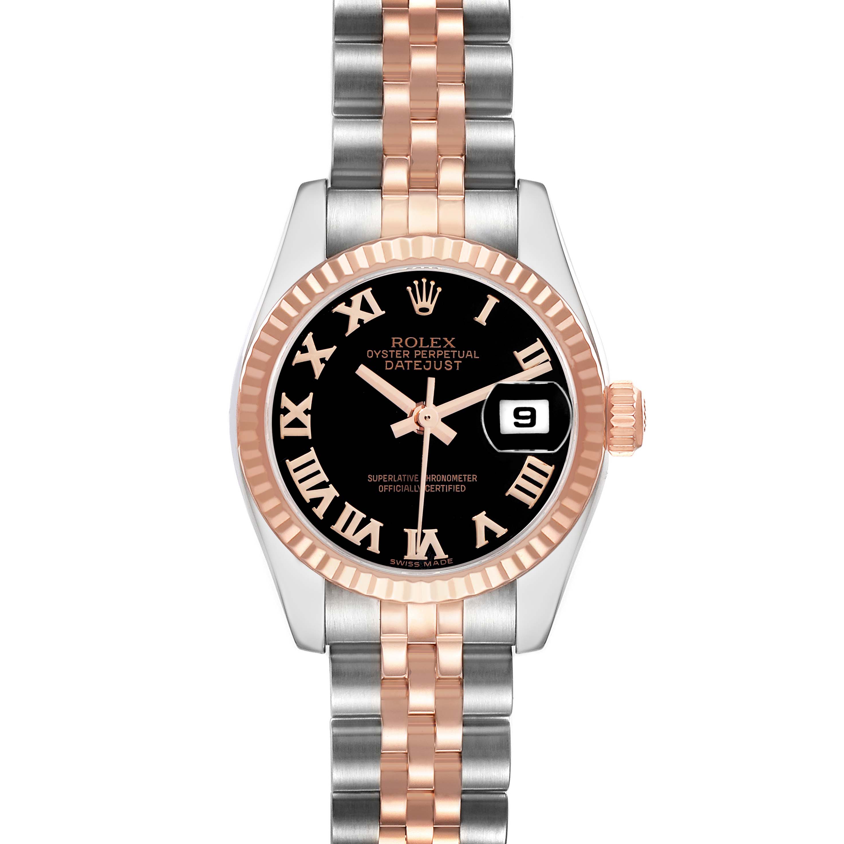 The Rolex Datejust 179171 Women's Steel and Gold (two tone) Black Dial watch is shown from the front, featuring a black dial, fluted bezel, and two-tone bracelet.