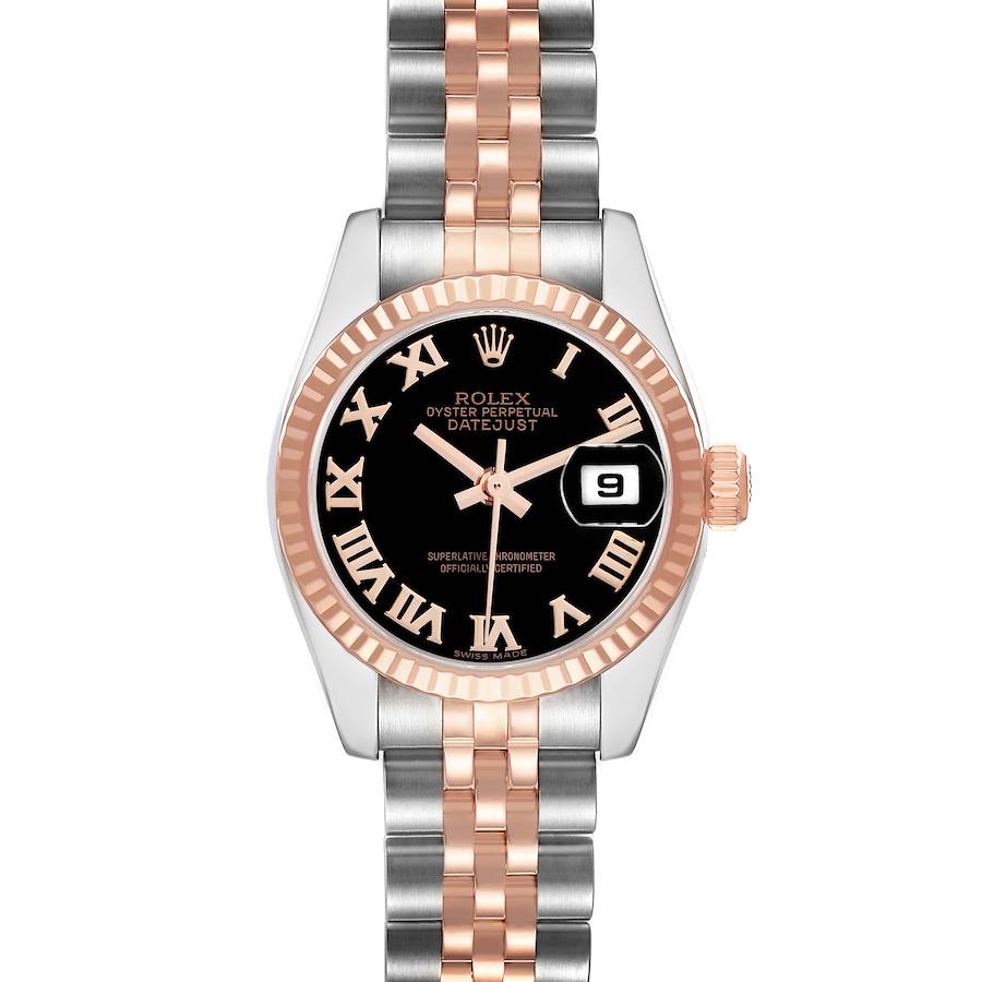 The Rolex Datejust 179171 Women's Steel and Gold (two tone) Black Dial watch is shown from the front, featuring a black dial, fluted bezel, and two-tone bracelet.