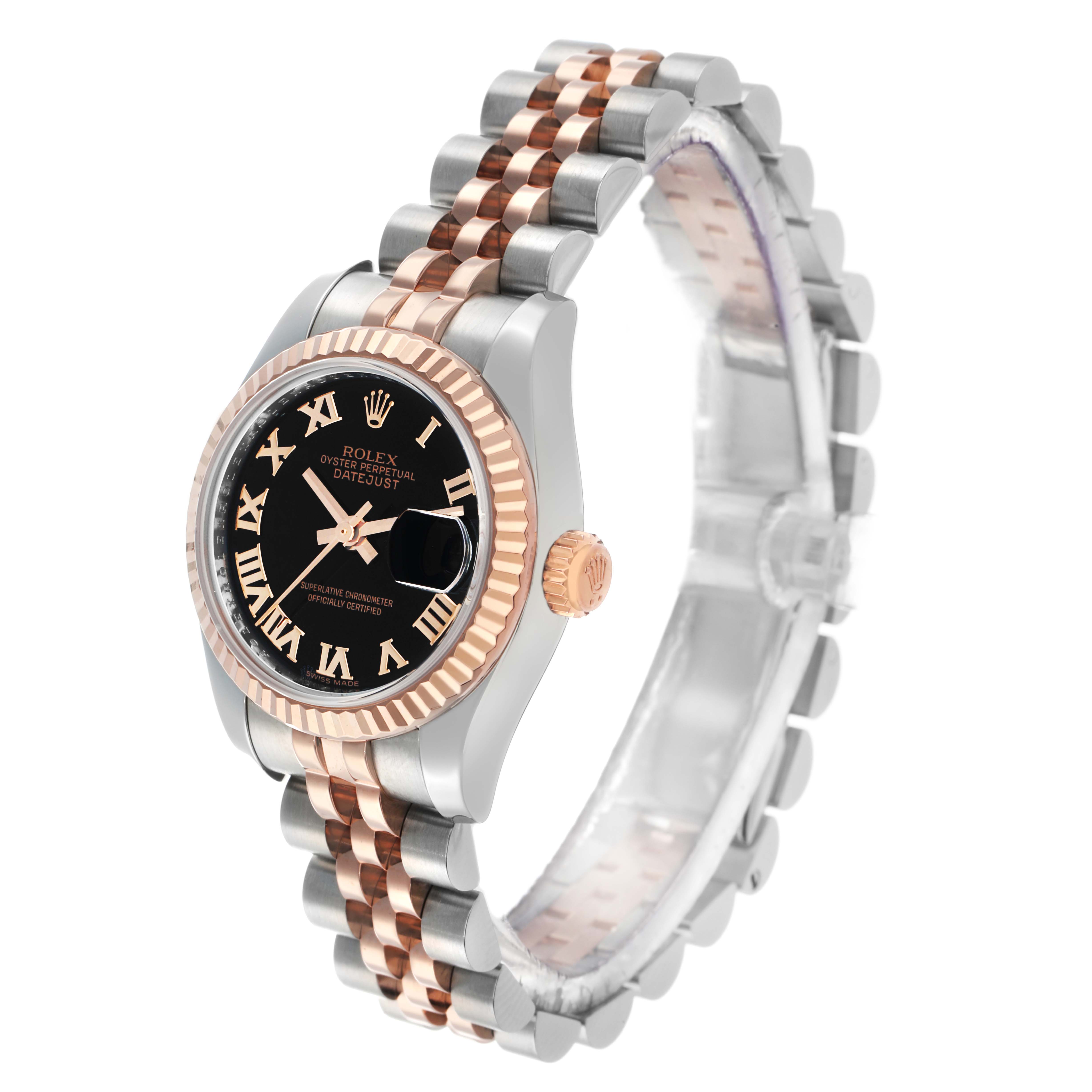 The Rolex Datejust 179171 Women's Steel and Gold (two tone) Black Dial watch is shown at an angle highlighting the dial, fluted bezel, bracelet, and crown.