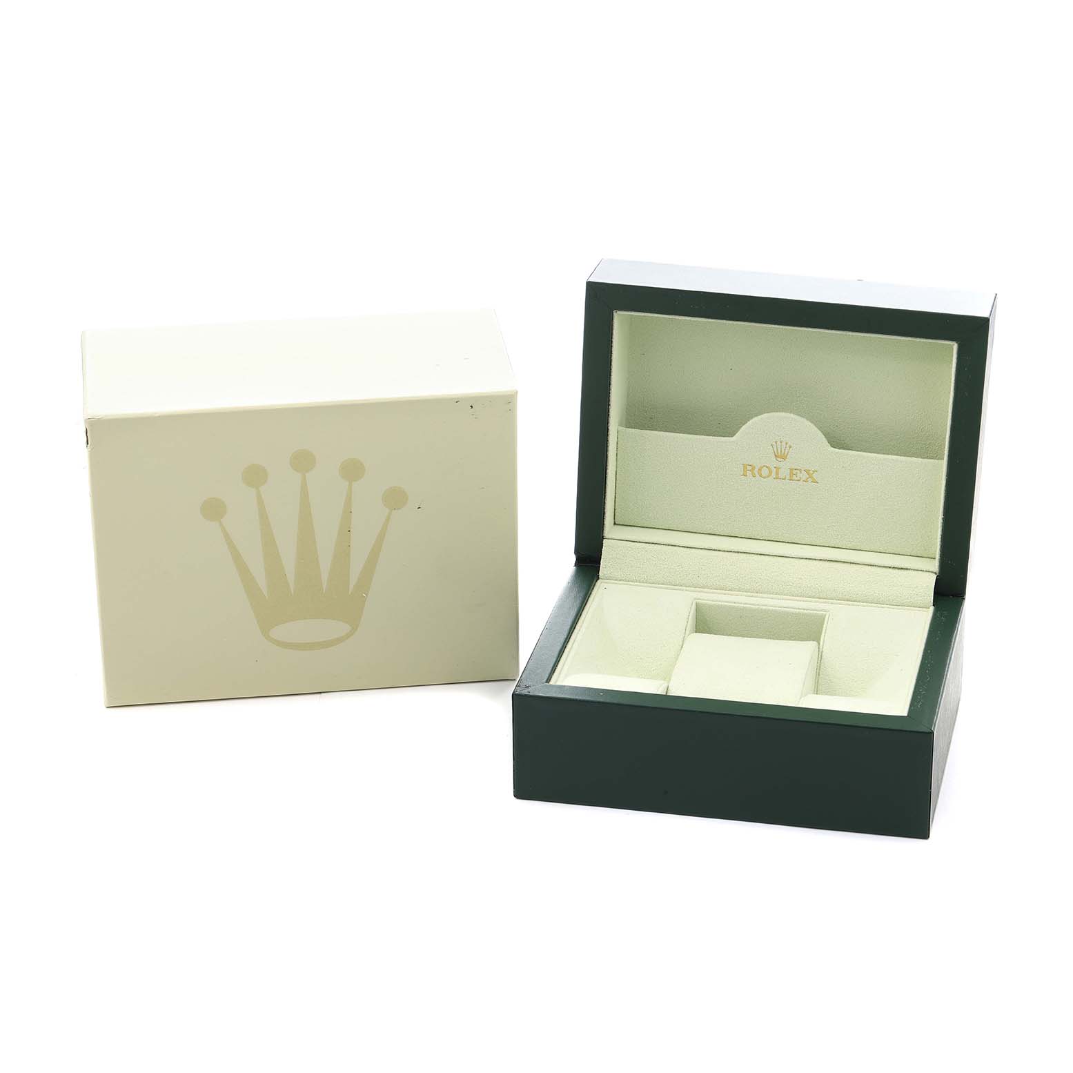 The image shows an open Rolex Datejust 179171 Women's Steel and Gold (two tone) Black Dial watch box with the lid featuring the Rolex logo.