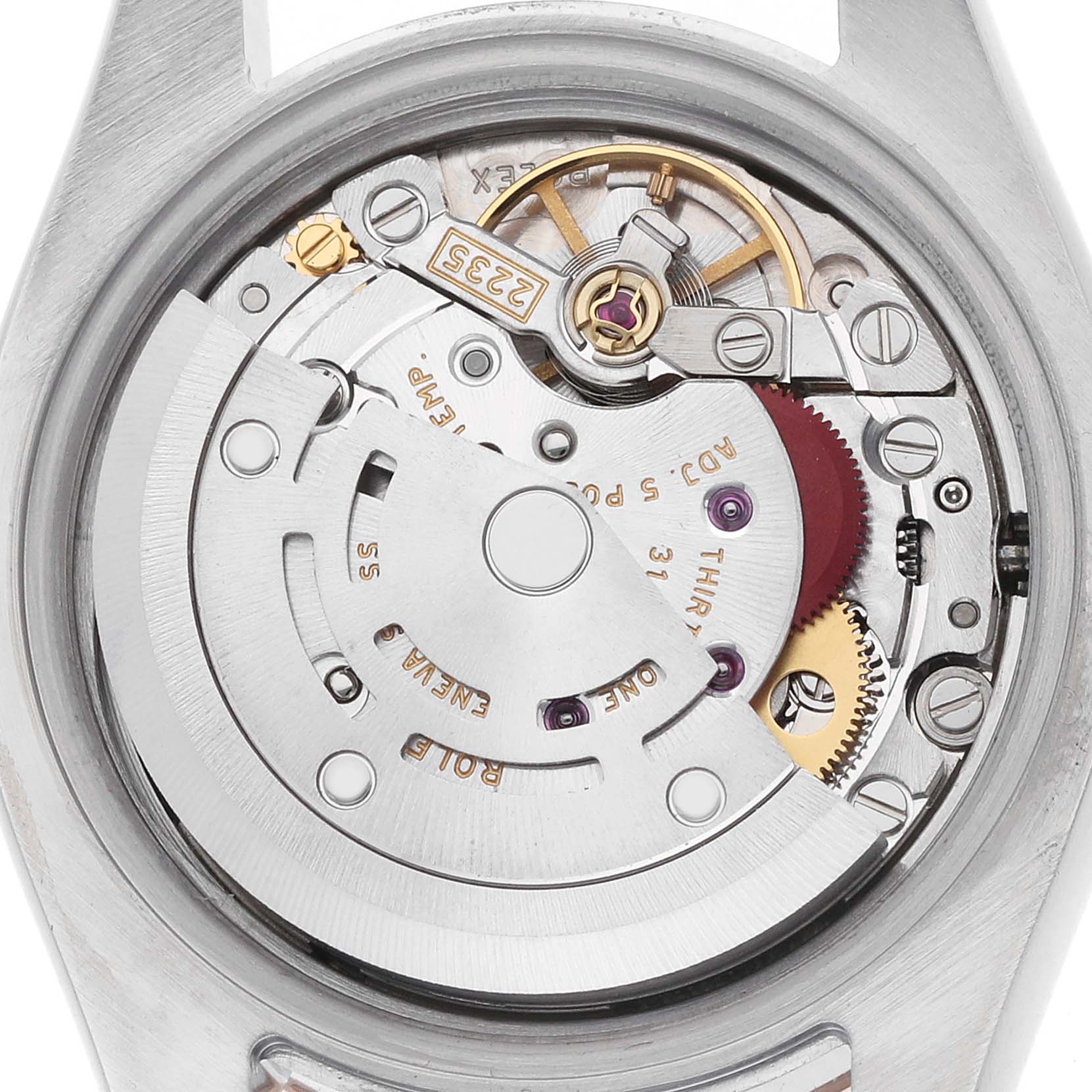 The image shows the back view of a Rolex Datejust 179171 Women's Steel and Gold (two tone) Black Dial, displaying its internal mechanical movement parts.