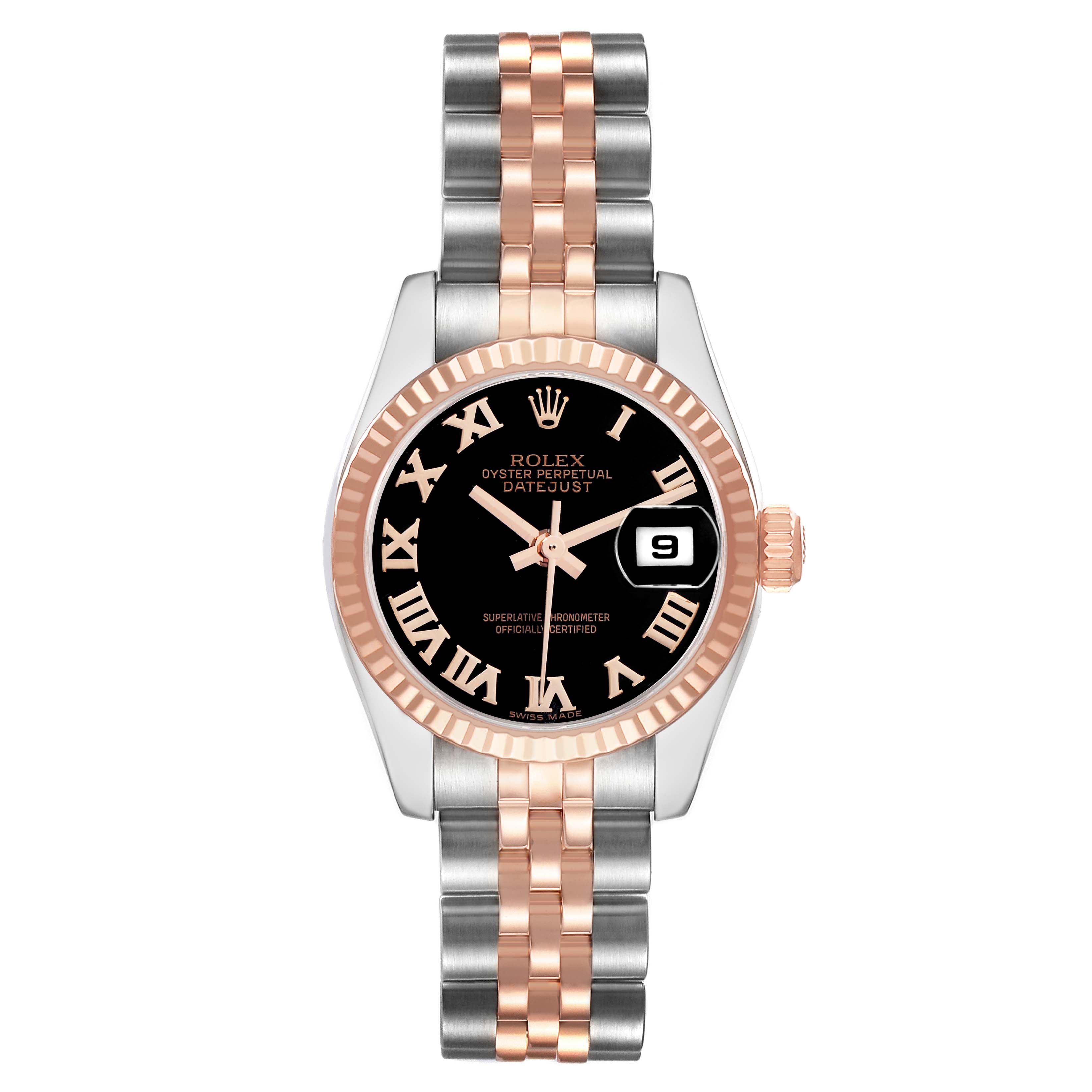 The Rolex Datejust 179171 Women's Steel and Gold (two tone) Black Dial watch is shown from a top-down angle displaying the dial, bezel, case, and bracelet.