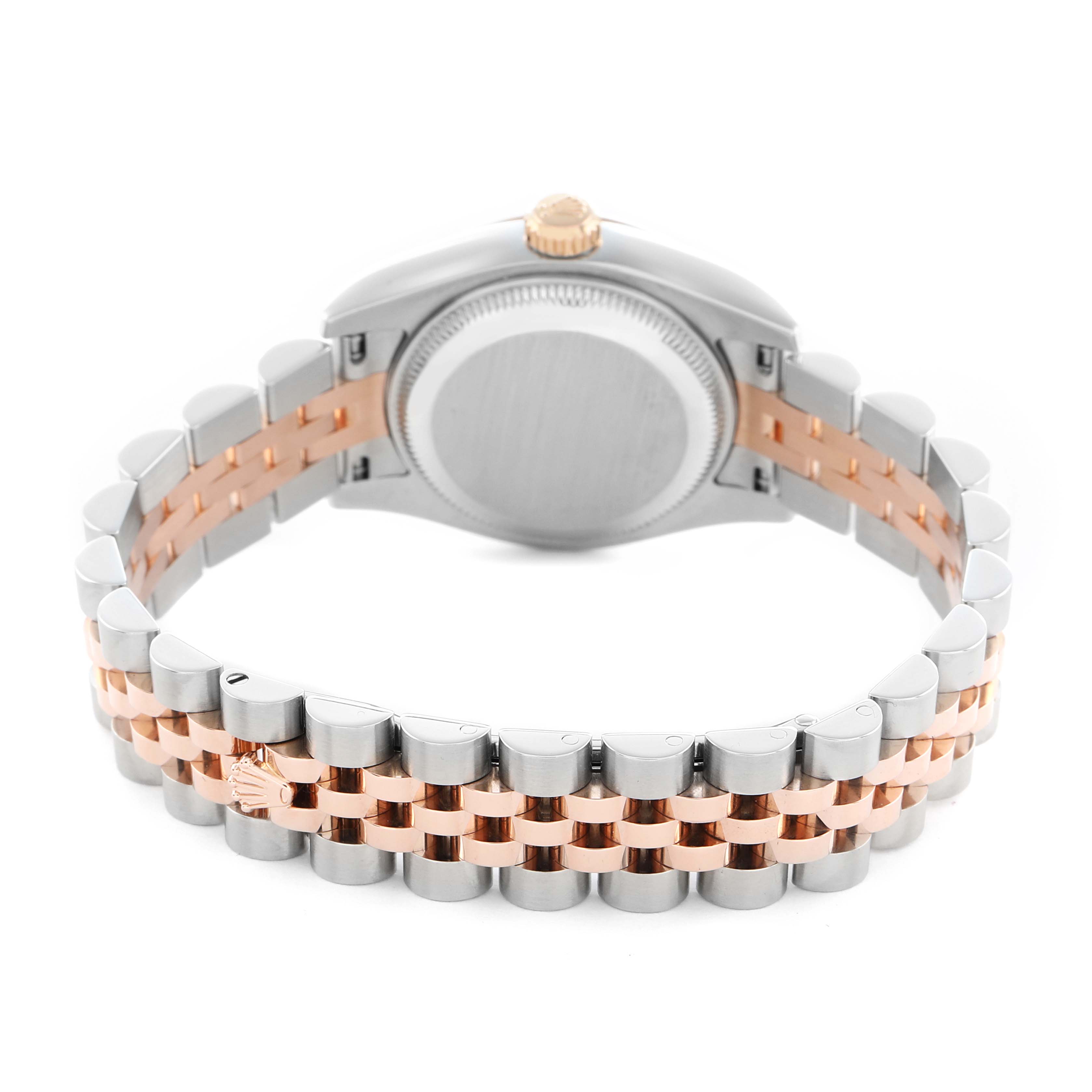 The image shows the back view of a Rolex Datejust 179171 Women's Steel and Gold (two tone) Black Dial, highlighting its two-tone bracelet and case back.