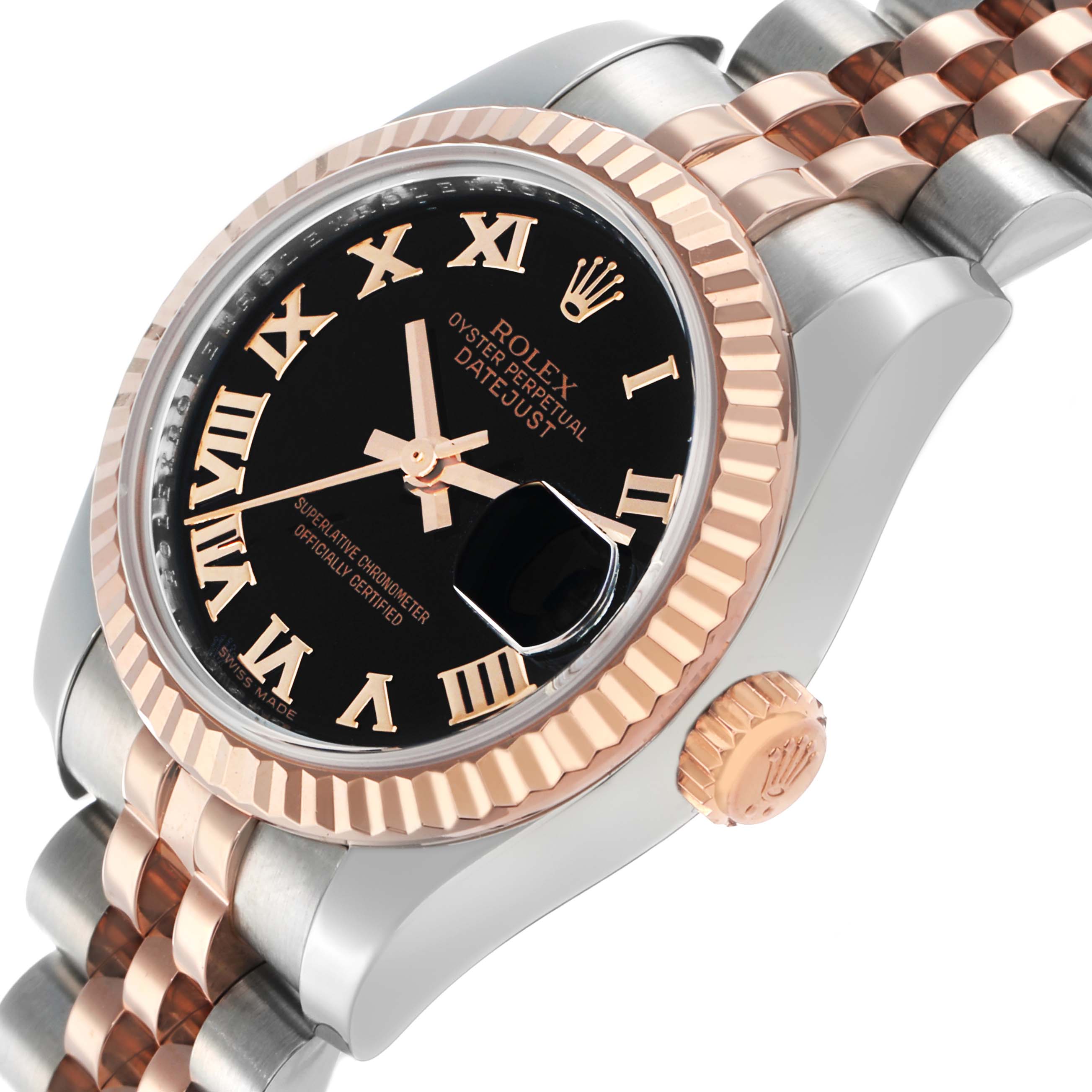The Rolex Datejust 179171 Women's Steel and Gold (two tone) Black Dial watch is shown at an angled view, highlighting its black dial, fluted bezel, and two-tone Jubilee bracelet.